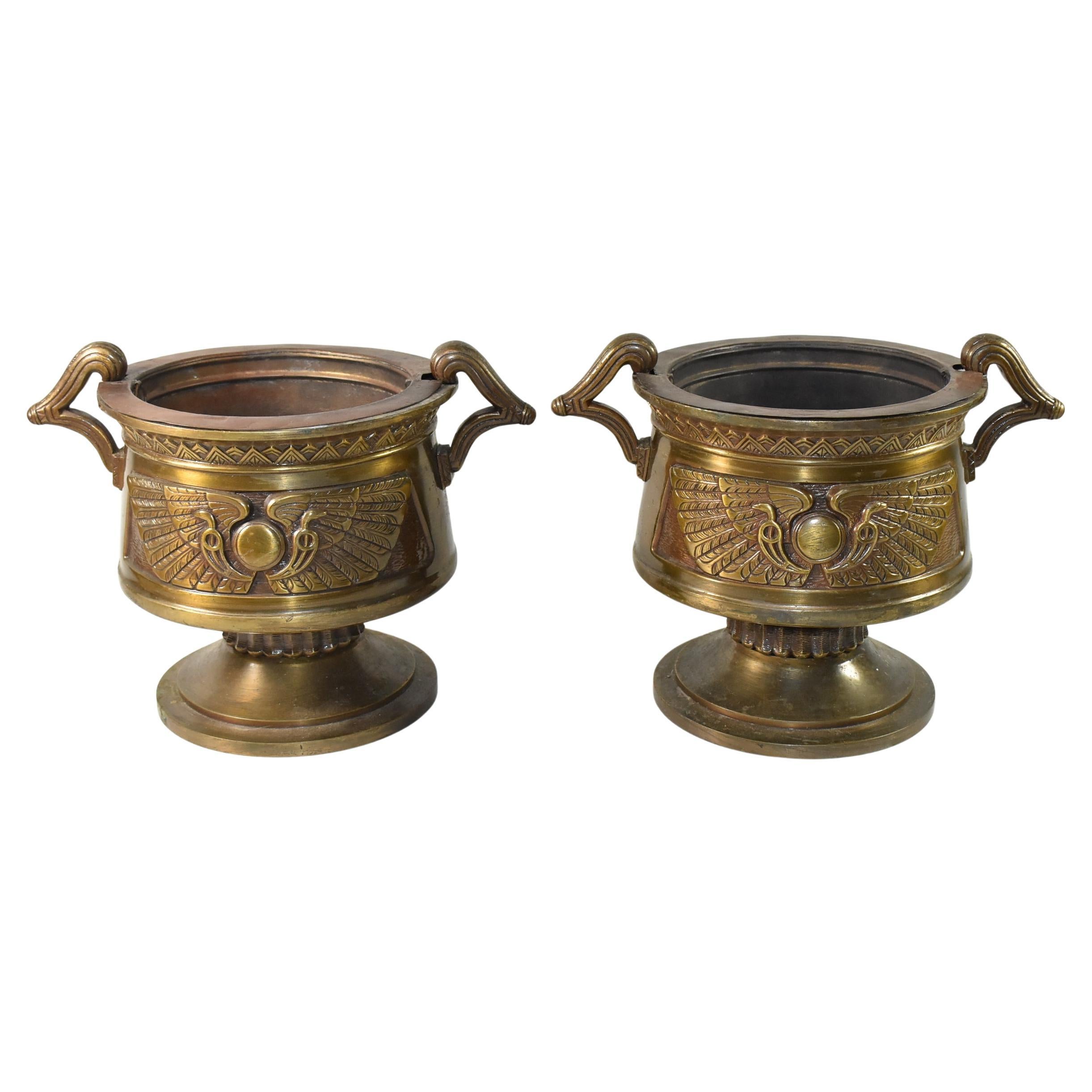 Pair of Egyptian Revival Bronze Winged Sun Planters Urns, 1920's