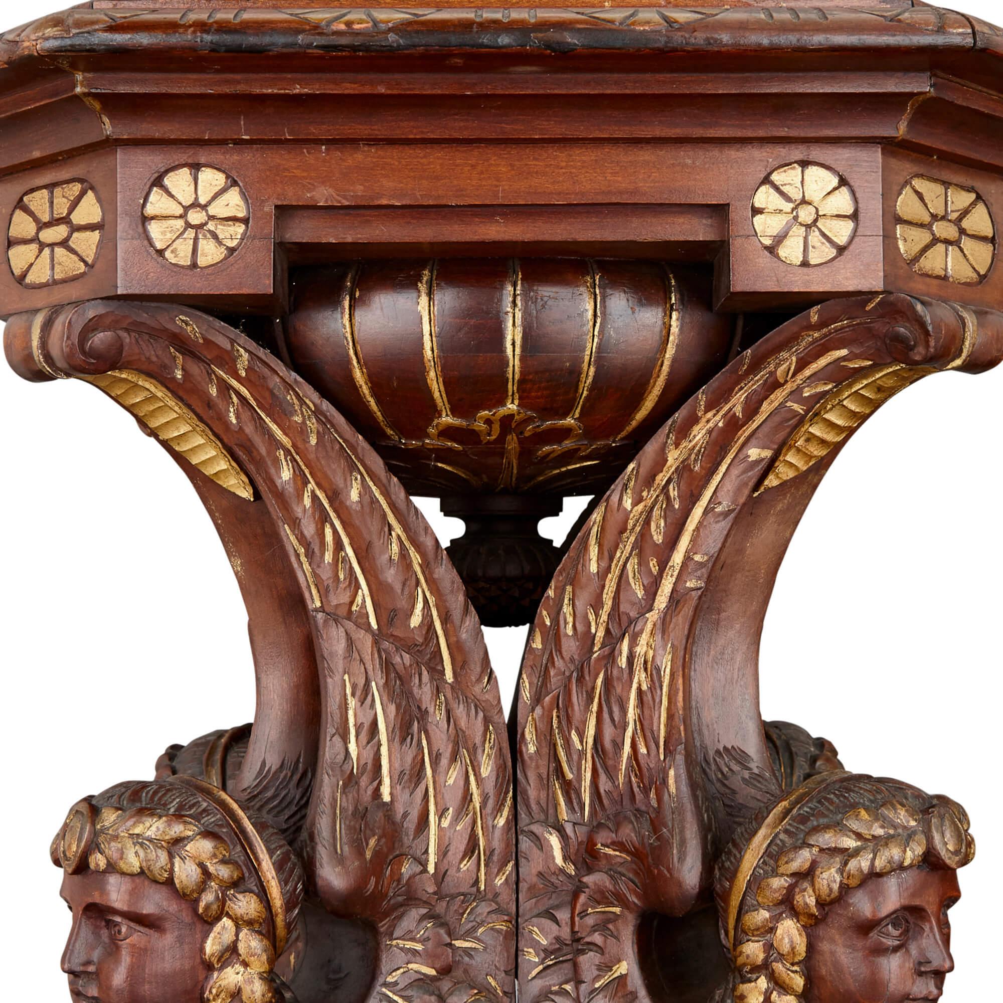 Walnut Pair of Egyptian Revival carved and gilt wooden pedestals For Sale