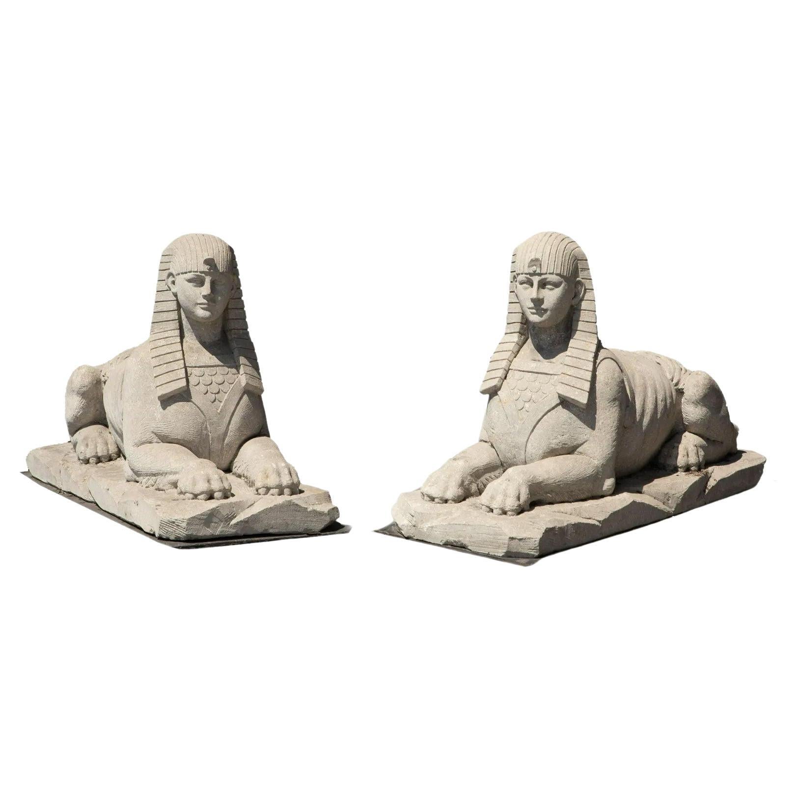 Pair of Egyptian Revival Cast Stone Sphinxes