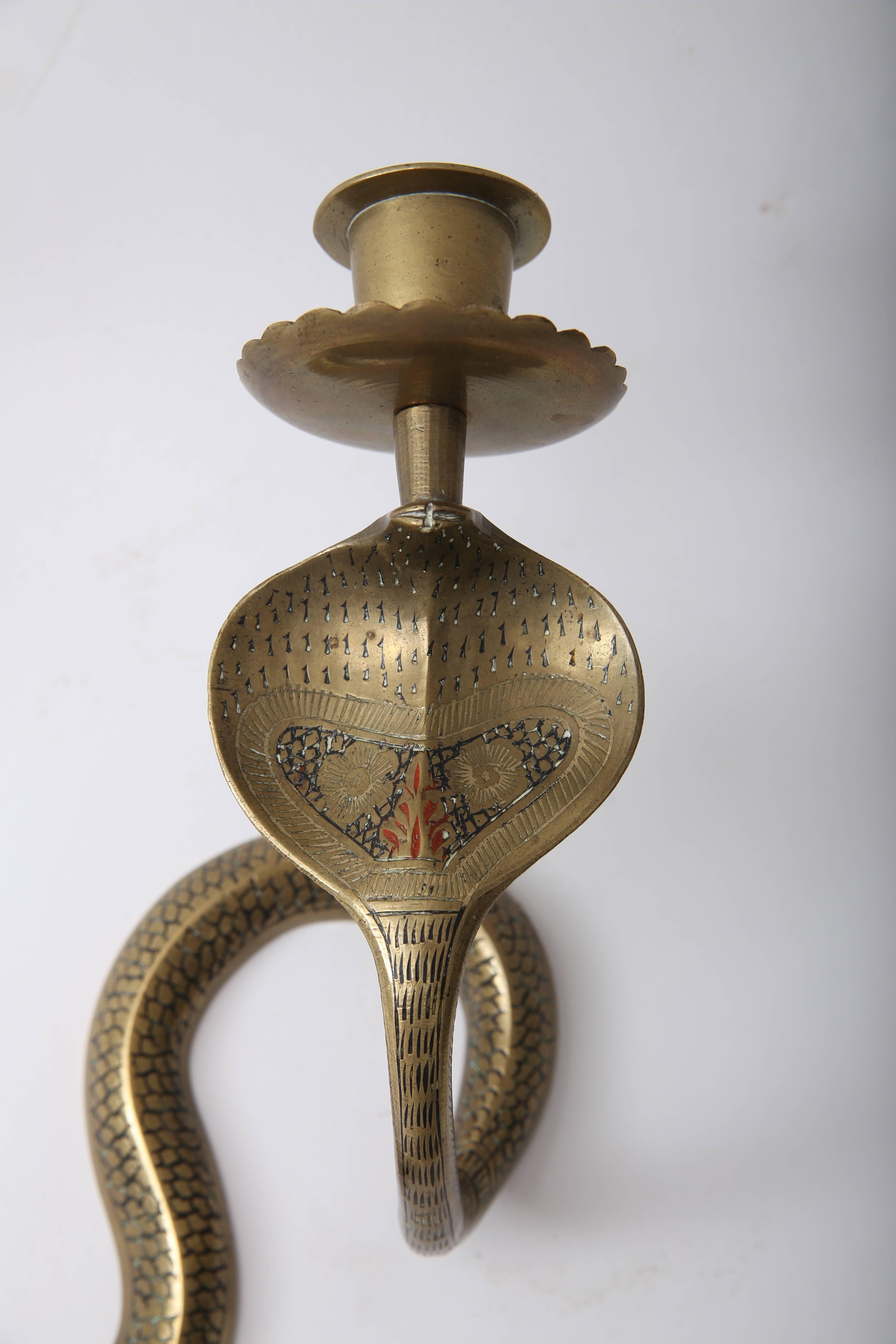 Pair of Egyptian Revival Cobra-Form Wall Mount Candleholders In Good Condition In West Palm Beach, FL