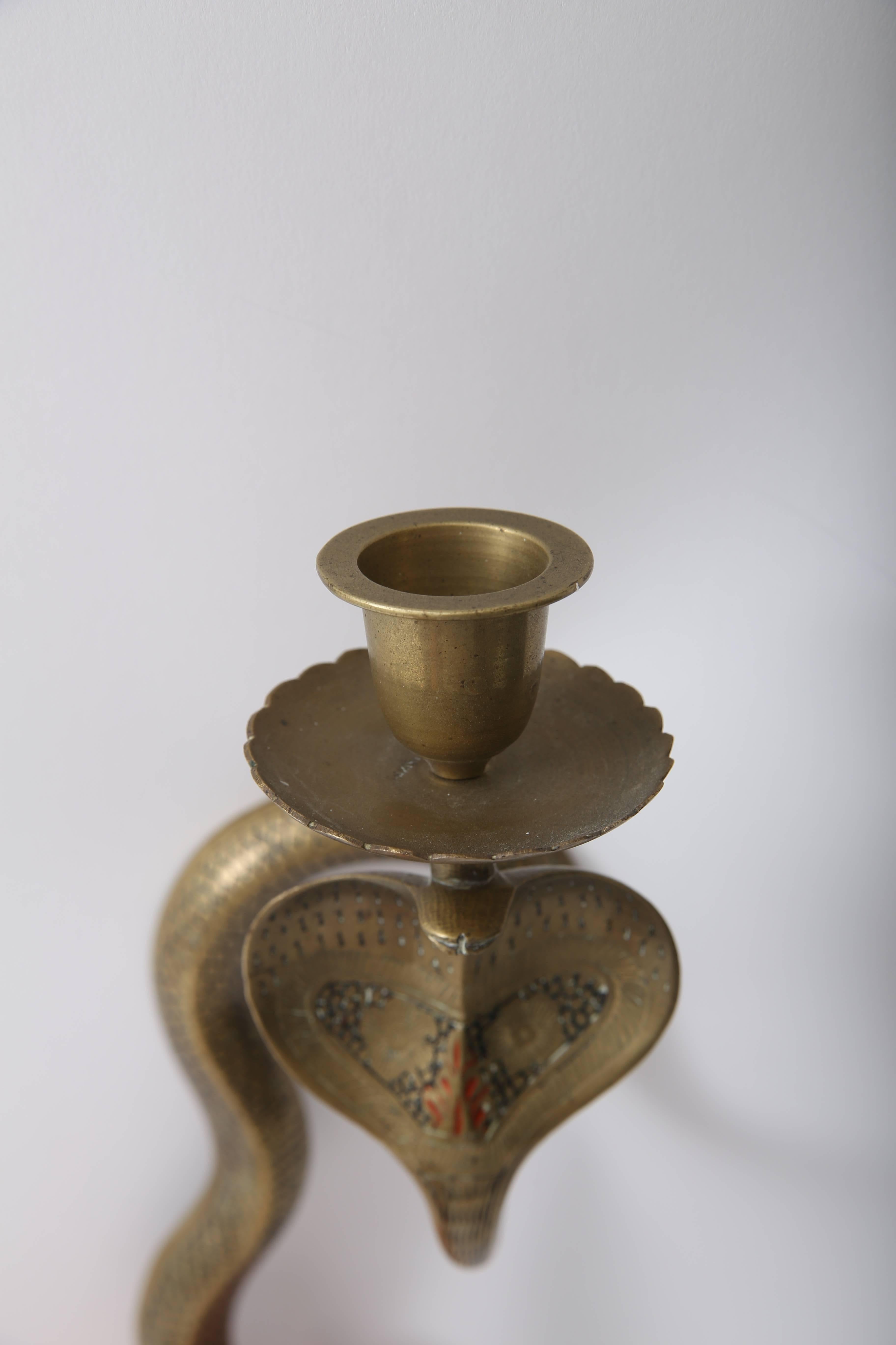 Brass Pair of Egyptian Revival Cobra-Form Wall Mount Candleholders