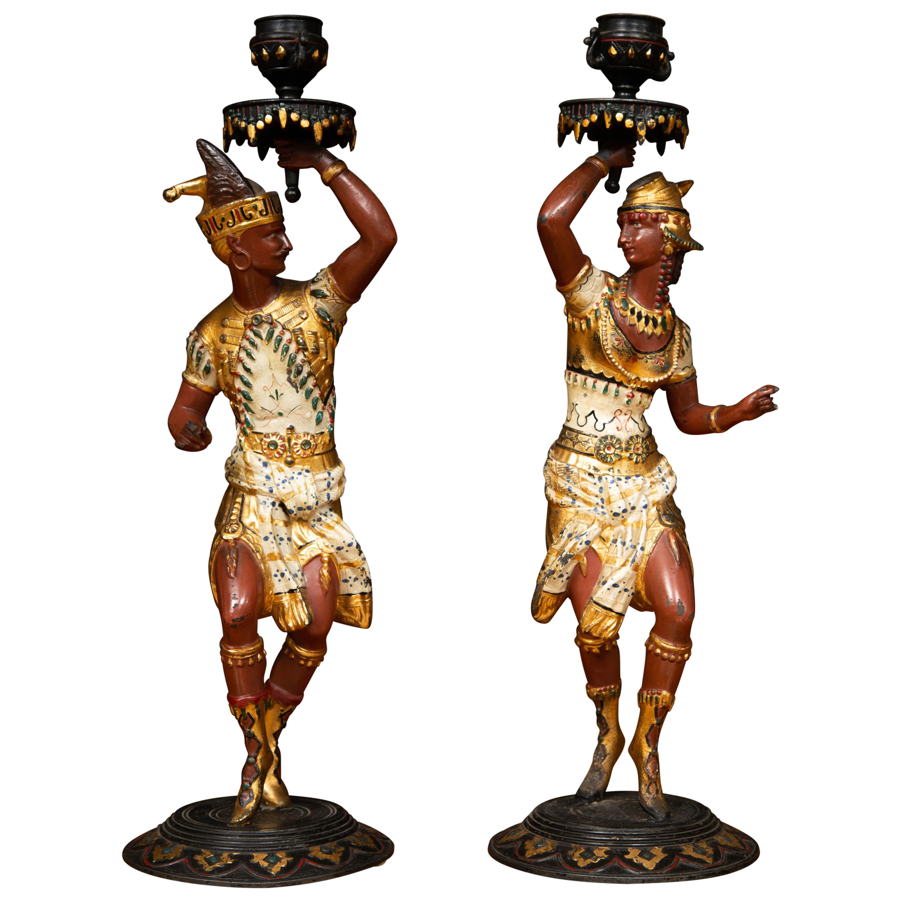 Pair of Egyptian Revival Cold Painted Candleholders