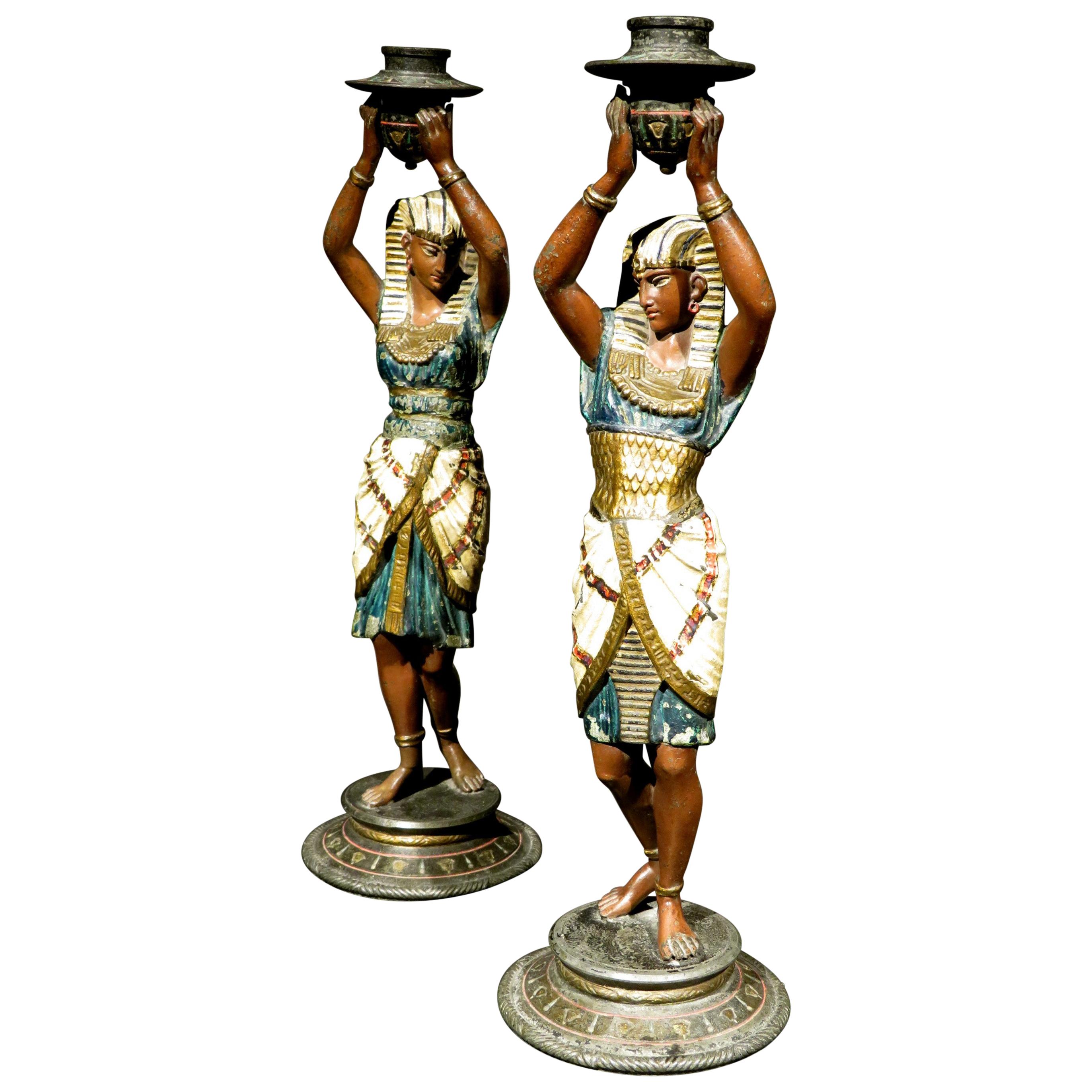 Pair of Egyptian Revival Cold Painted Figural Candlesticks, Austria Circa 1925 For Sale