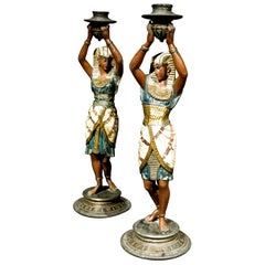 Pareja de Candeleros Figurales Pintados en Frío del Renacimiento Egipcio, Austria Circa 1925