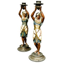 Pair of Egyptian Revival Cold Painted Figural Candlesticks, Austria Circa 1925