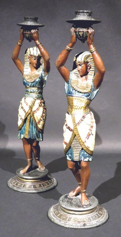 Pair of Egyptian Revival Cold Painted Figural Candlesticks, Austria Circa 1925