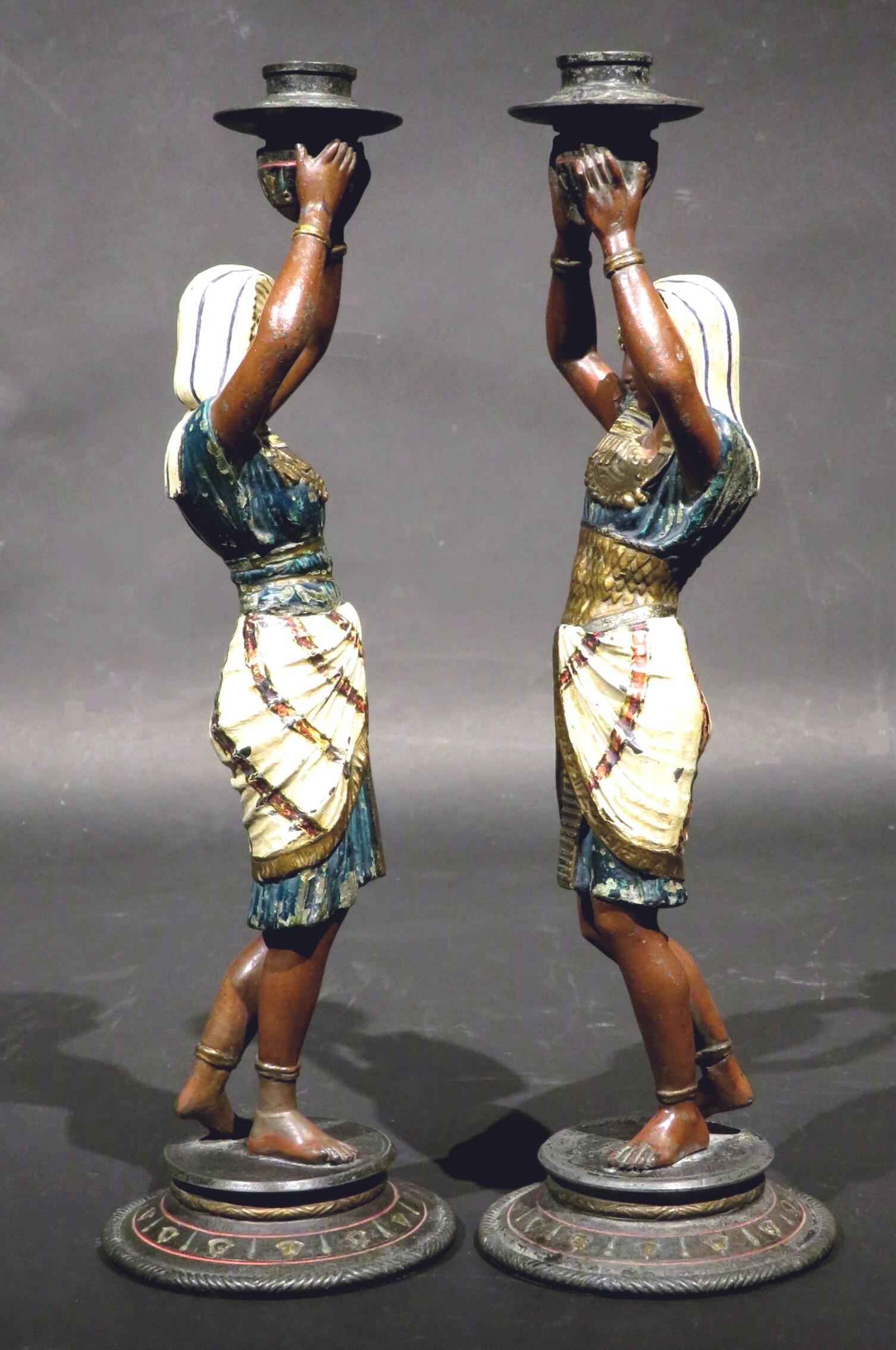 Austrian Pair of Egyptian Revival Cold Painted Figural Candlesticks, Austria Circa 1925 For Sale