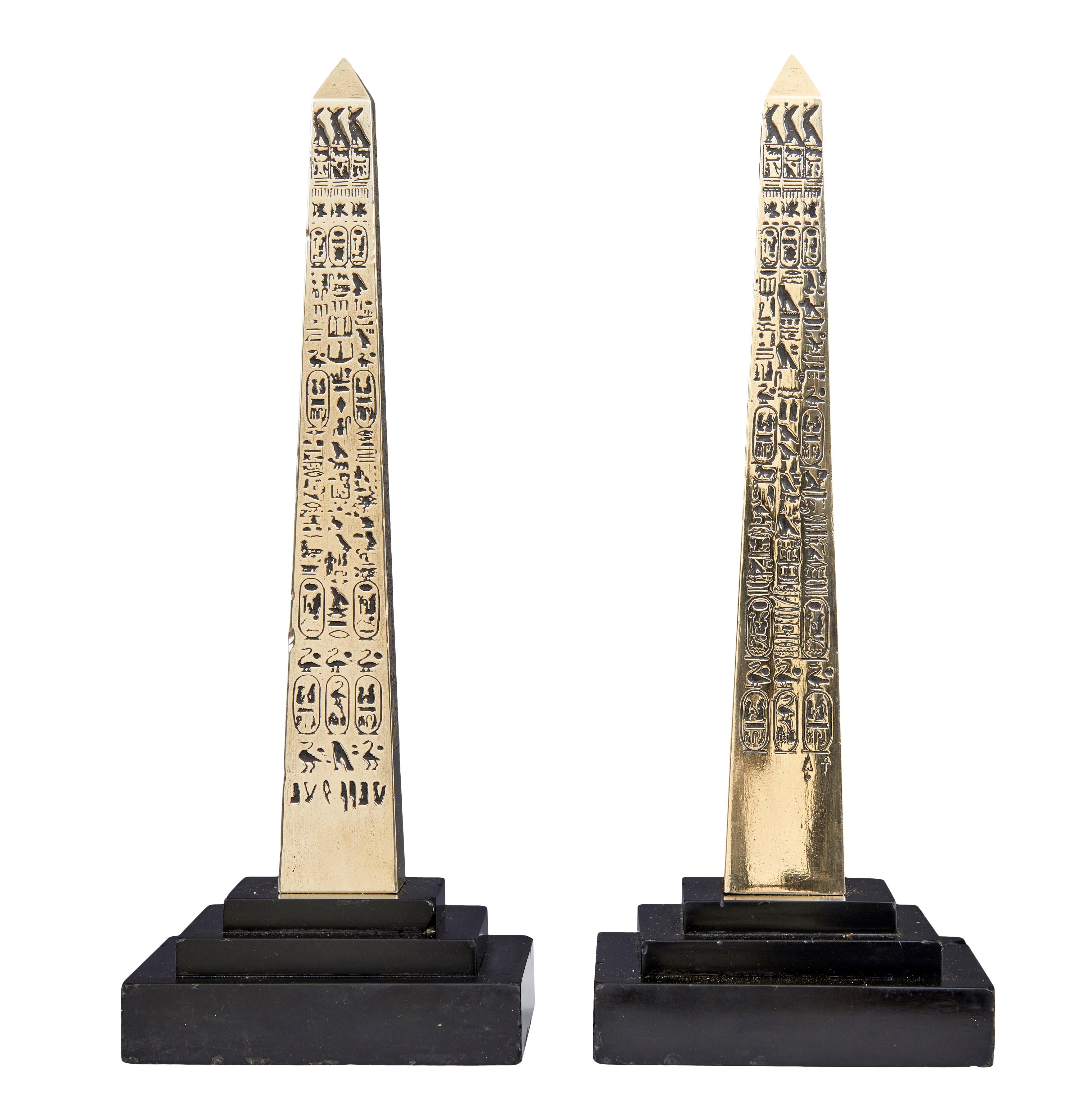 Art Deco Pair of Egyptian Revival Desktop Brass Obelisks For Sale