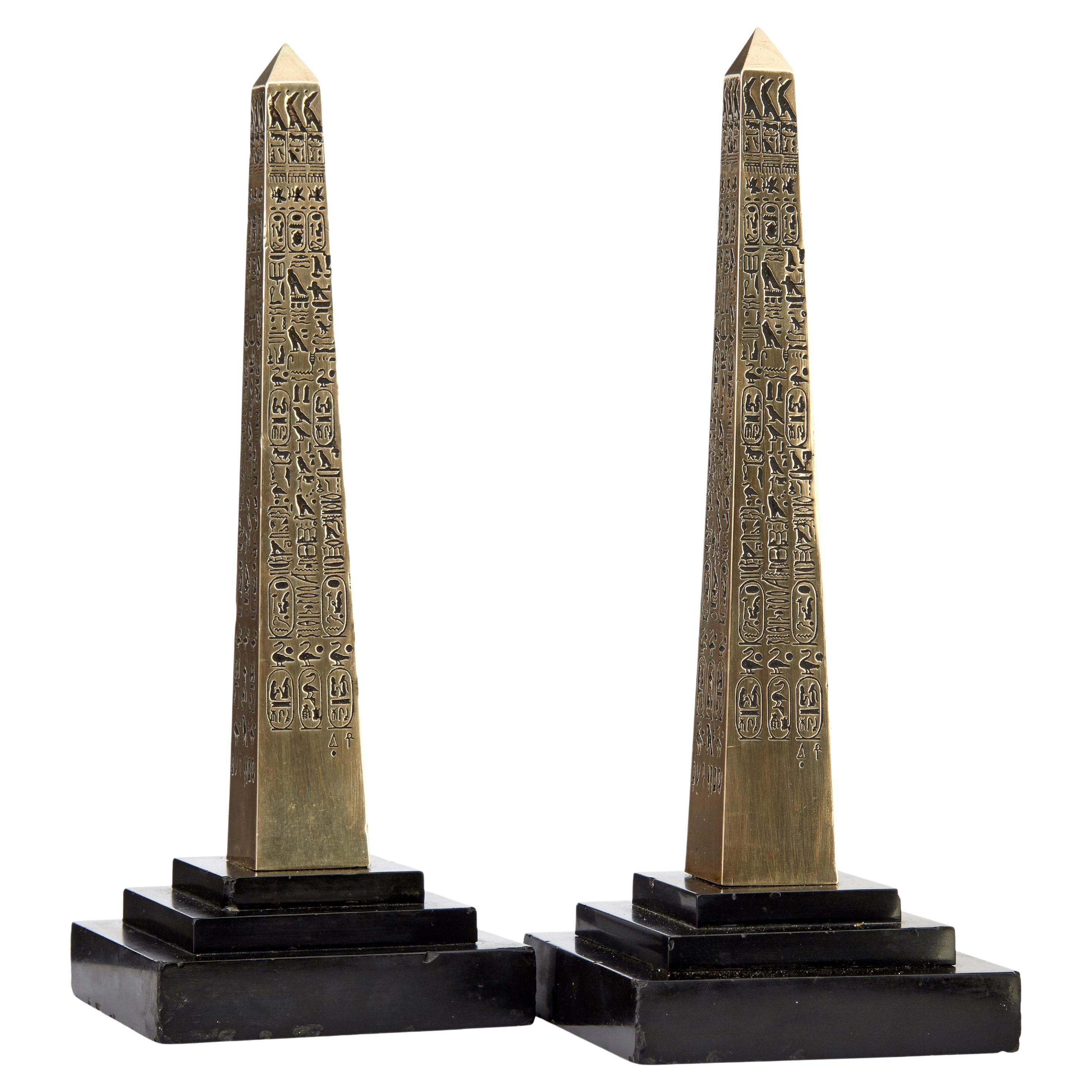 Pair of Egyptian Revival Desktop Brass Obelisks For Sale