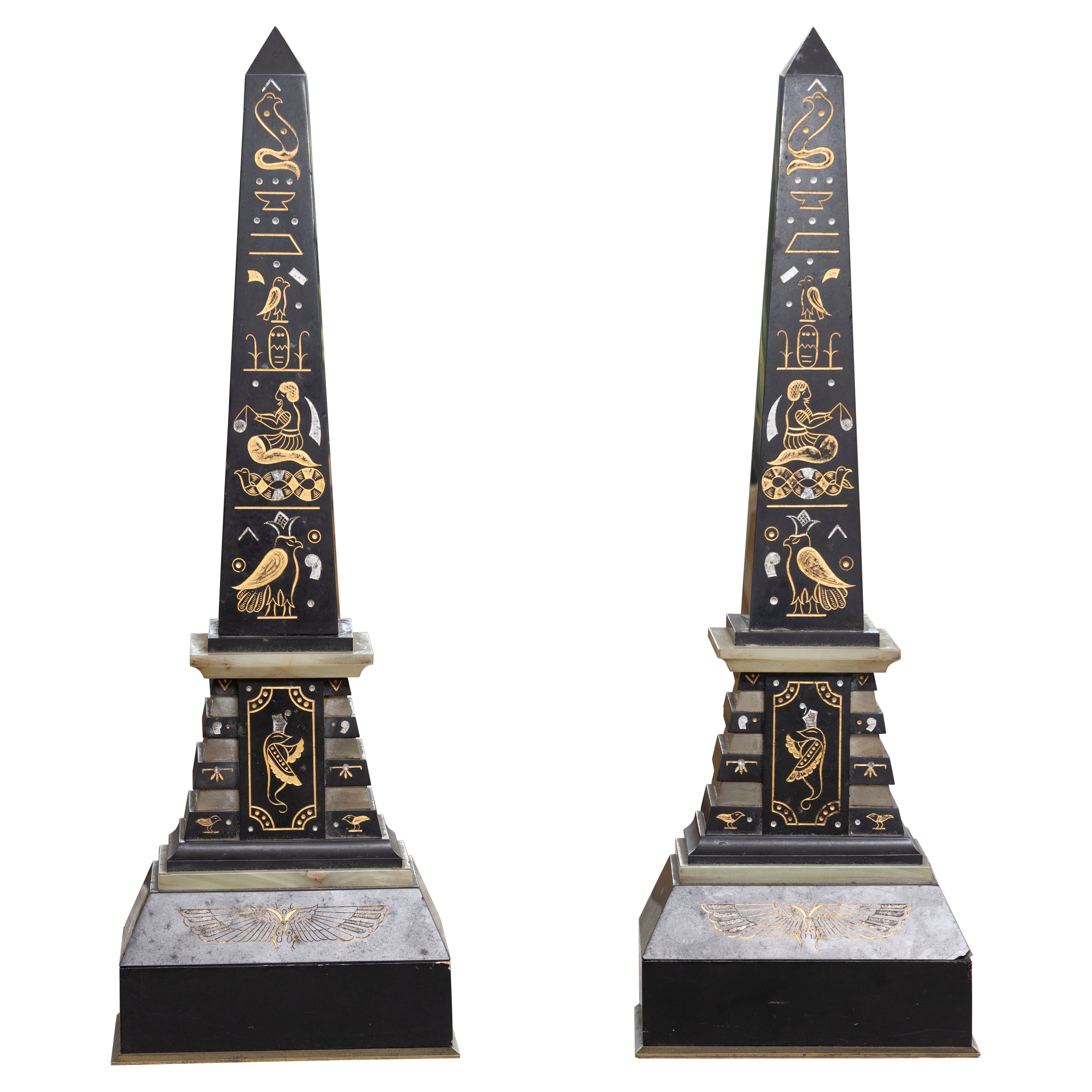 Pair of Egyptian Revival Inlaid Obelisks For Sale