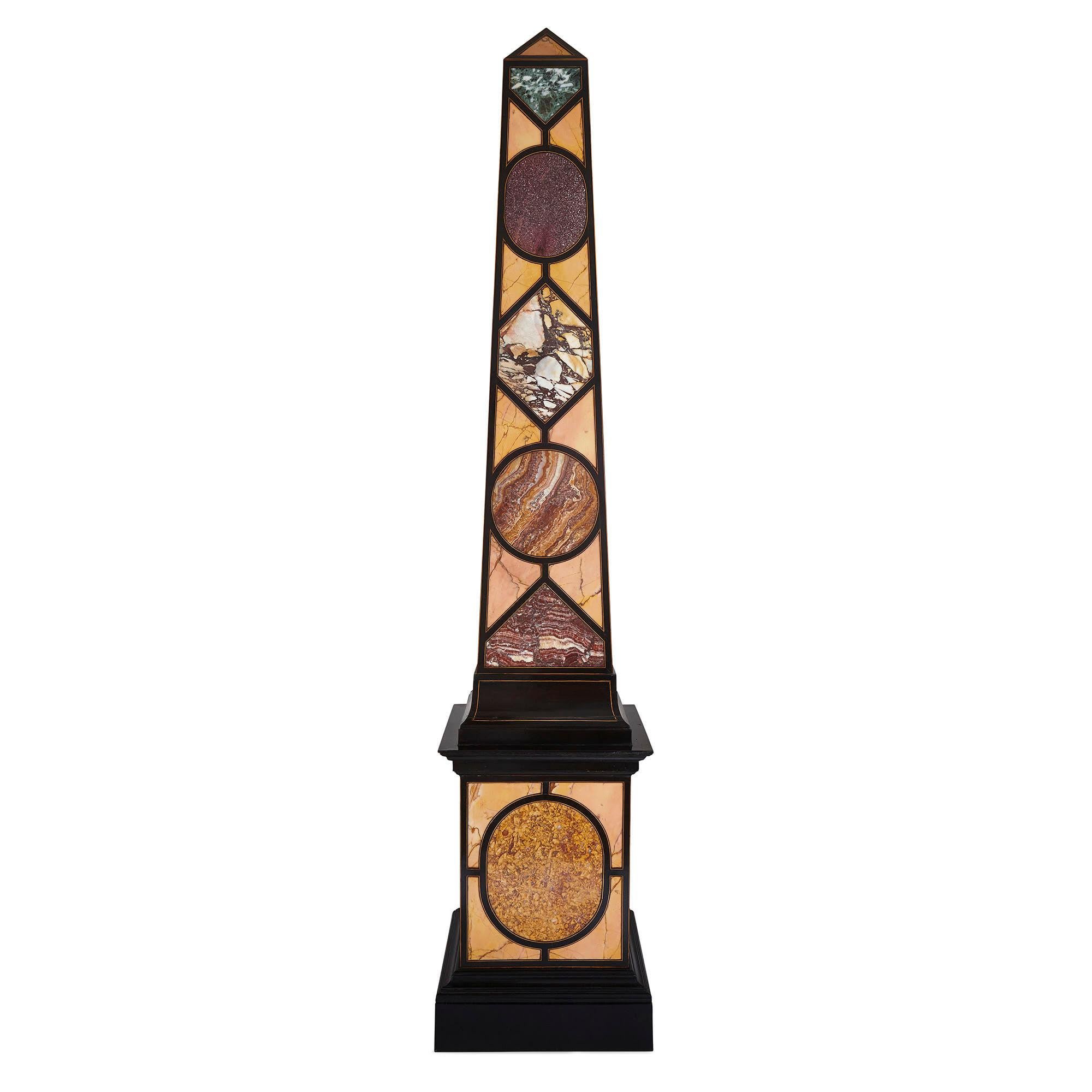 Ebonized Pair of Egyptian Revival Italian Specimen Marble Obelisks For Sale