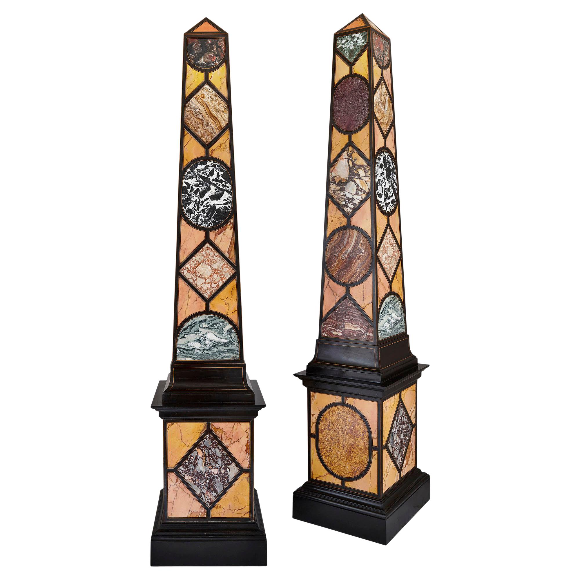 Pair of Egyptian Revival Italian Specimen Marble Obelisks For Sale