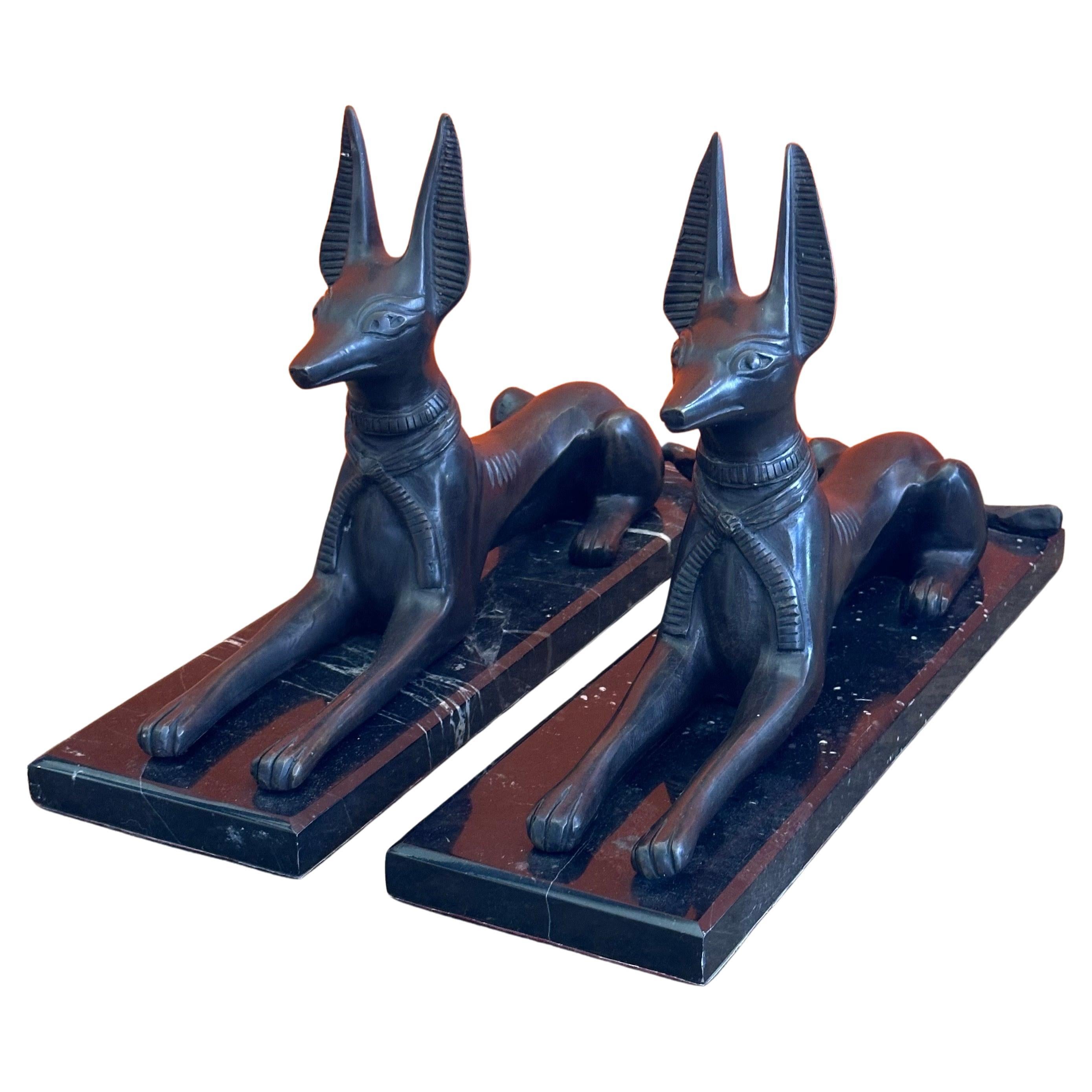 Pair of Egyptian Style Bronze Greyhounds on Marble Bases 