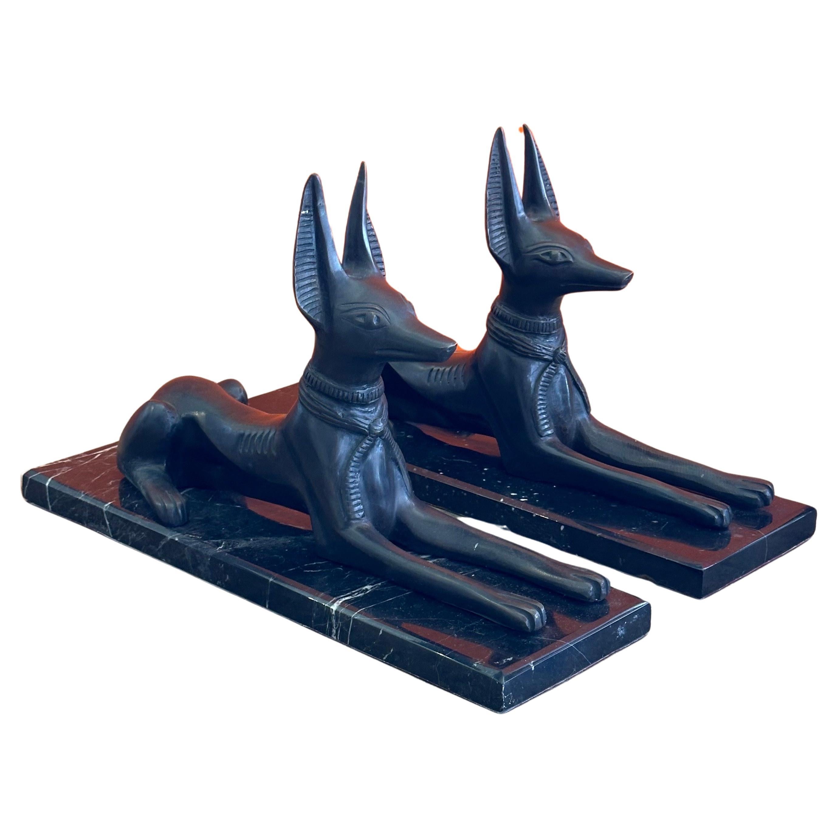 Egyptian Revival Pair of Egyptian Style Bronze Greyhounds on Marble Bases 