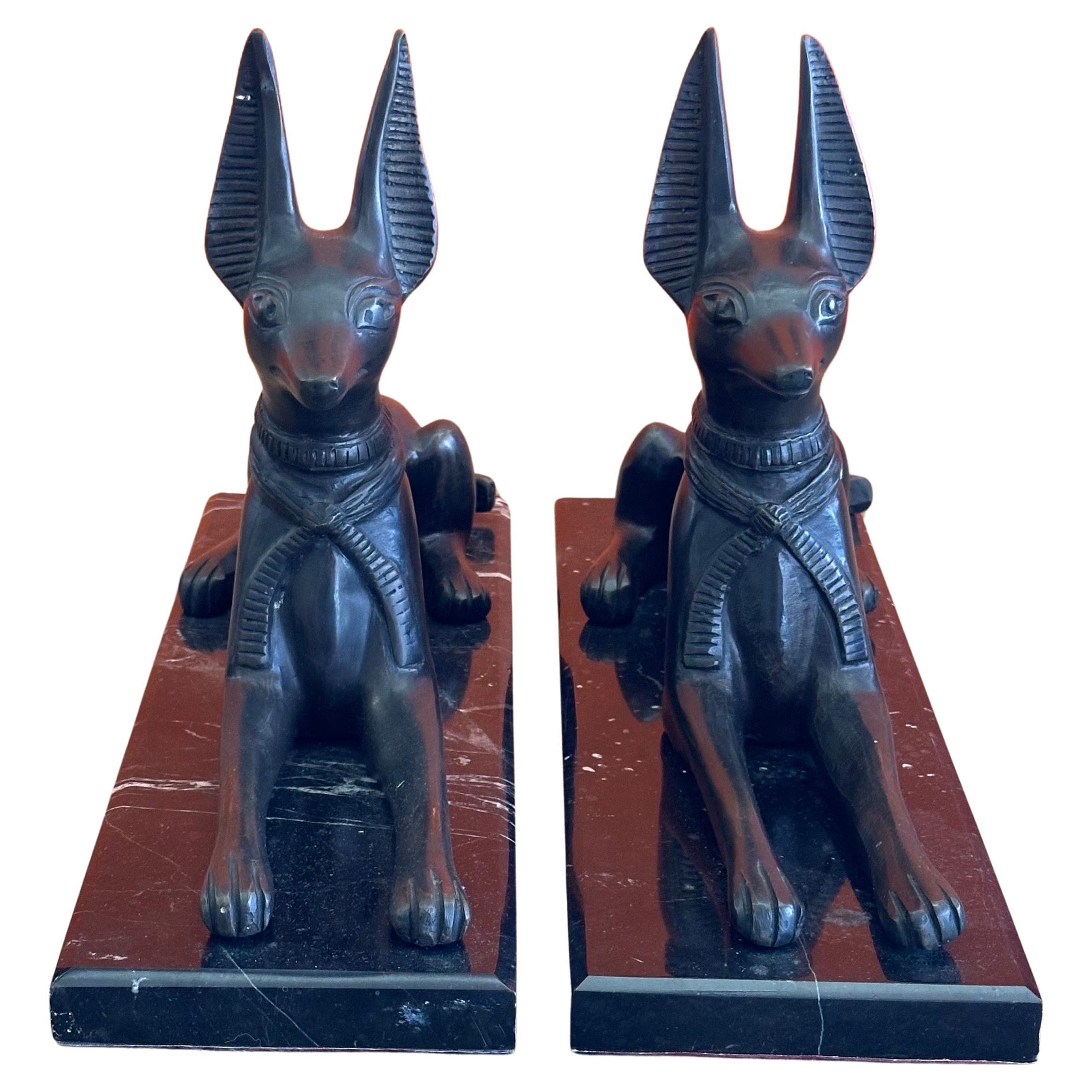 American Pair of Egyptian Style Bronze Greyhounds on Marble Bases 