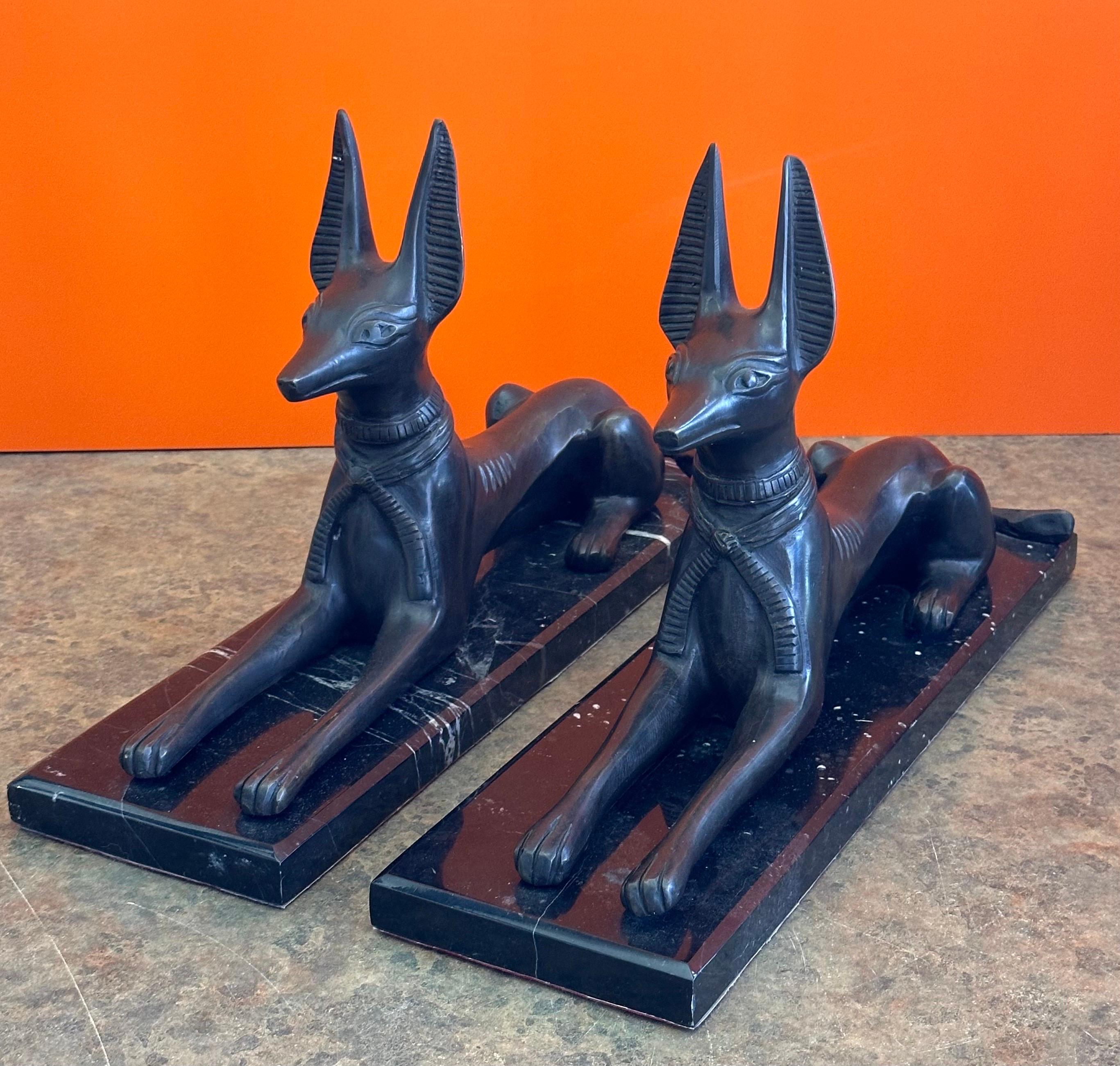 Pair of Egyptian Style Bronze Greyhounds on Marble Bases 