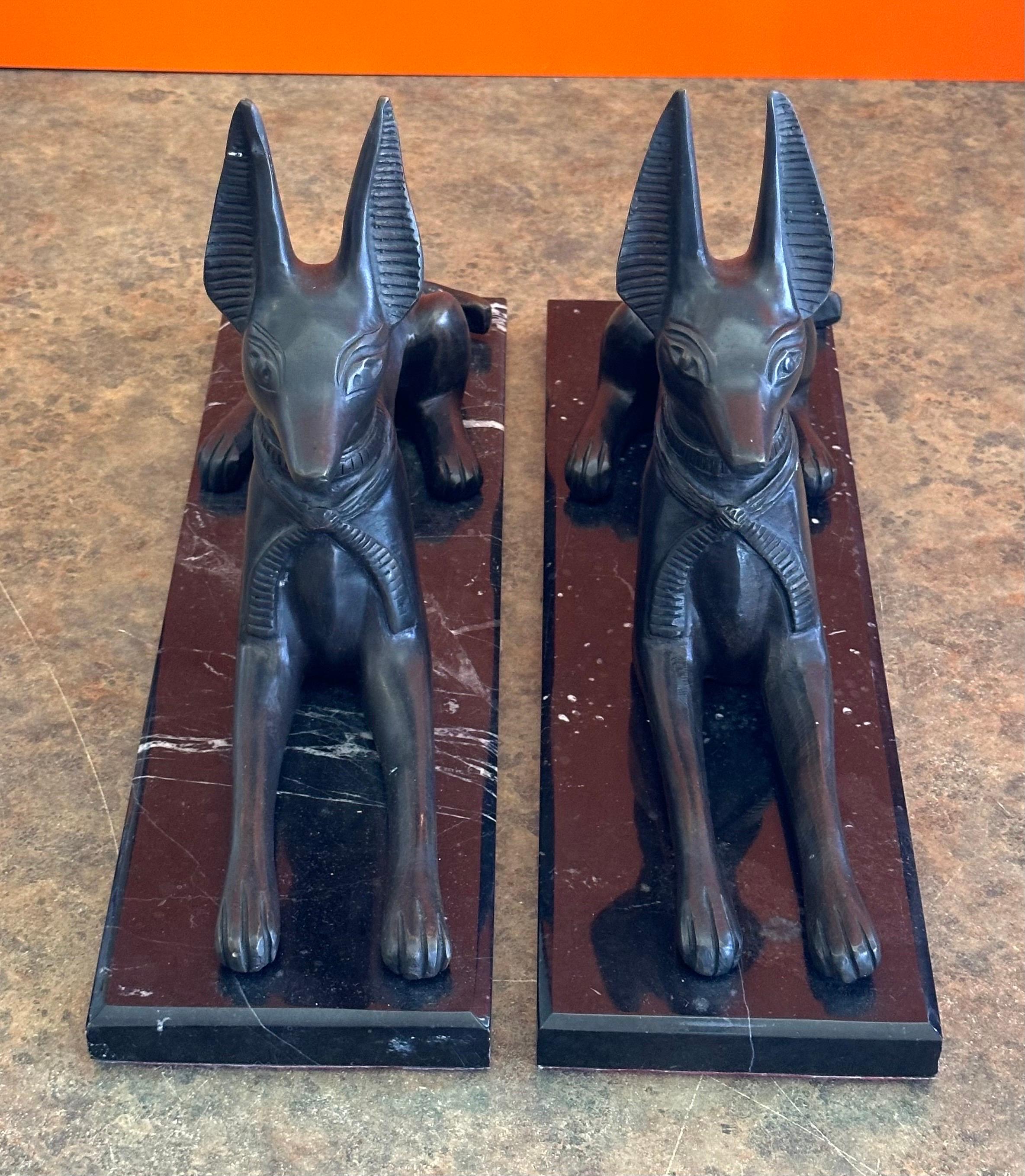 20th Century Pair of Egyptian Style Bronze Greyhounds on Marble Bases 
