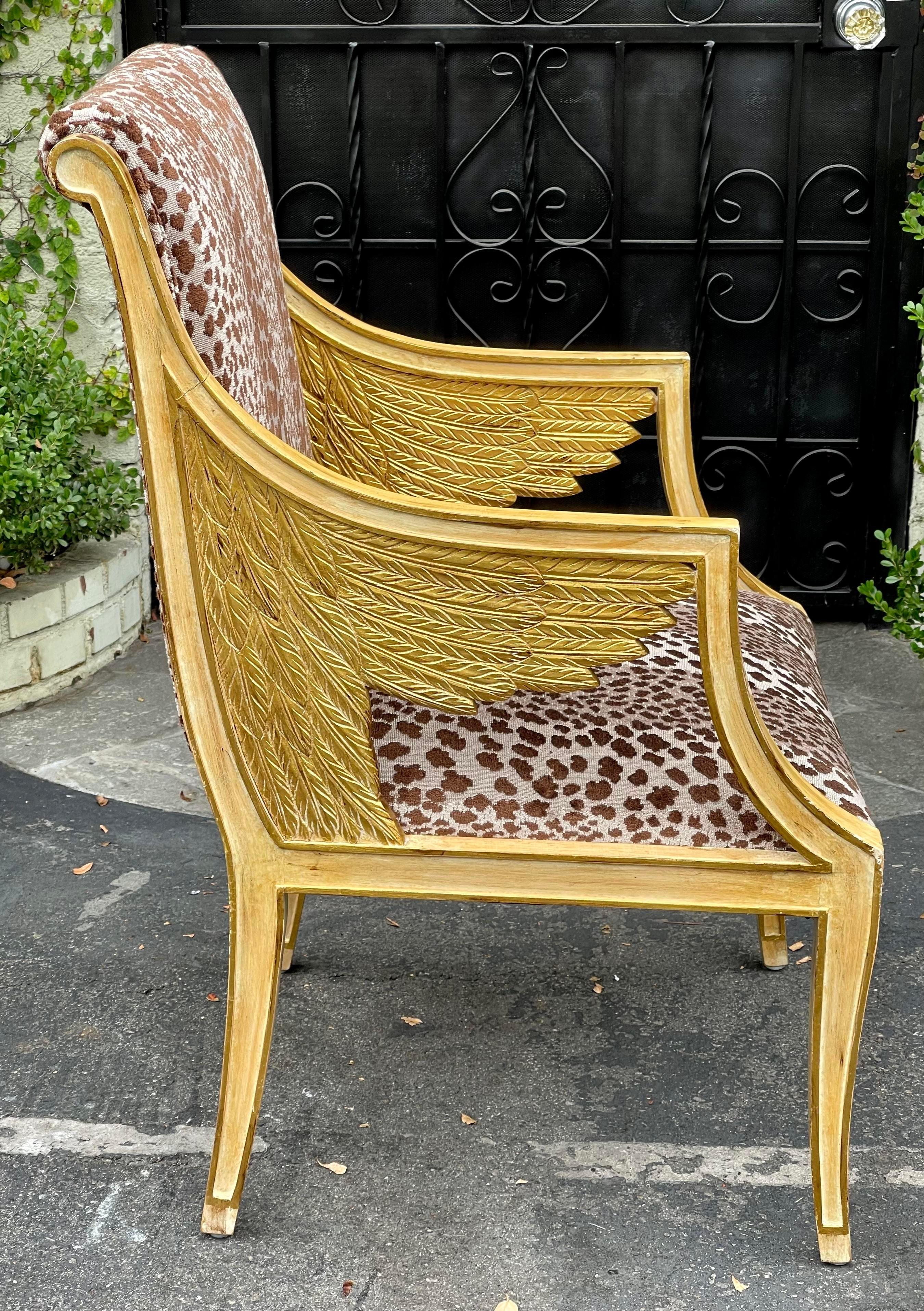 Egyptian Revival Pair of Egyptian Style Winged Neoclassical Giltwood Arm Chair W Cheetah Velvet