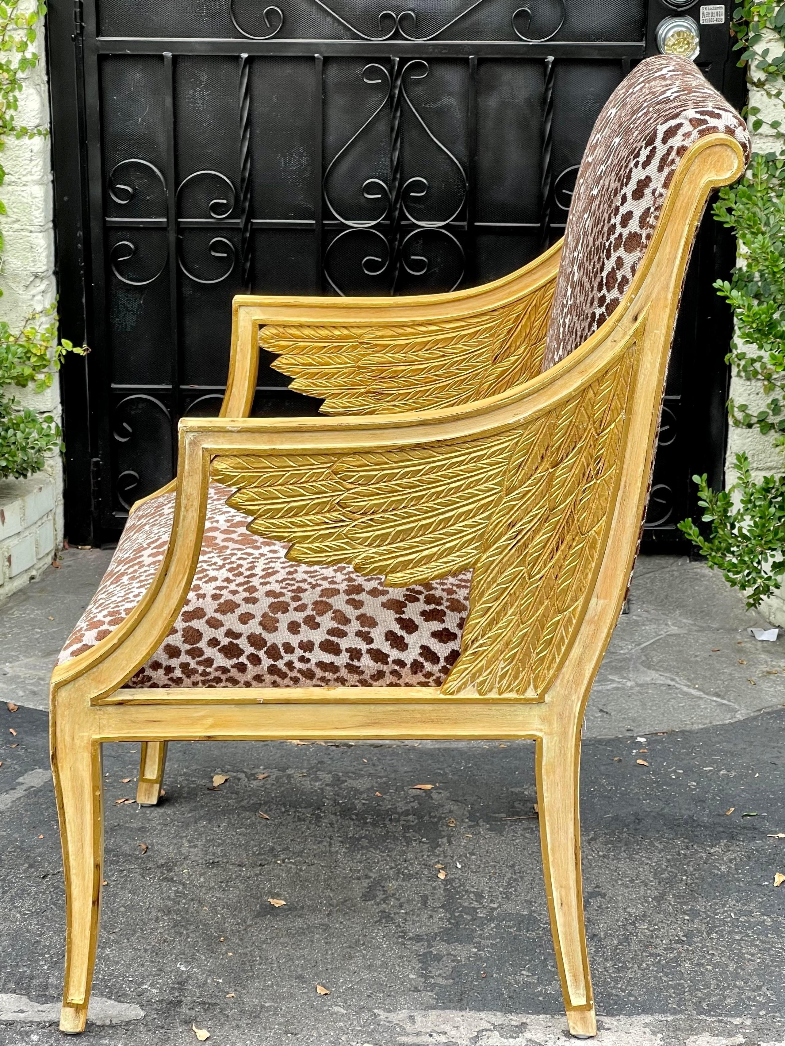 American Pair of Egyptian Style Winged Neoclassical Giltwood Arm Chair W Cheetah Velvet
