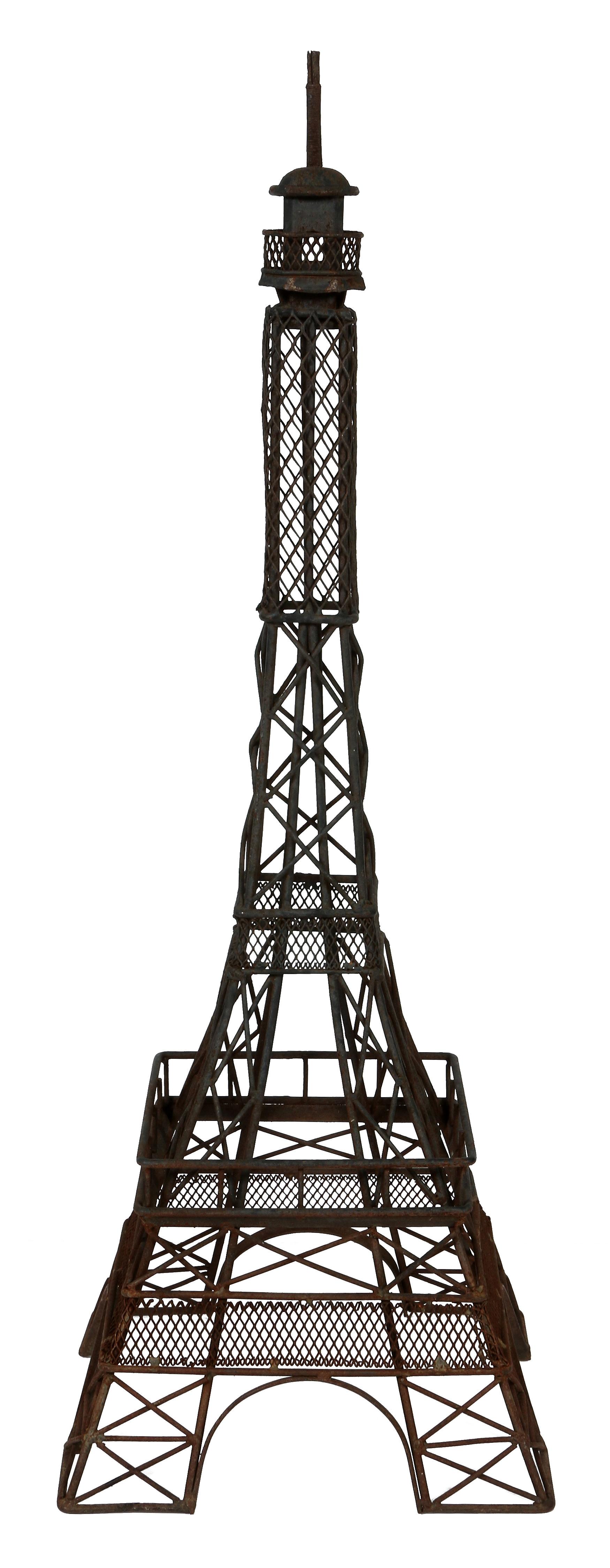 A pair of painted metal sculptures of the Eiffel Tower with intricate detailing--the next best thing to being in Paris!