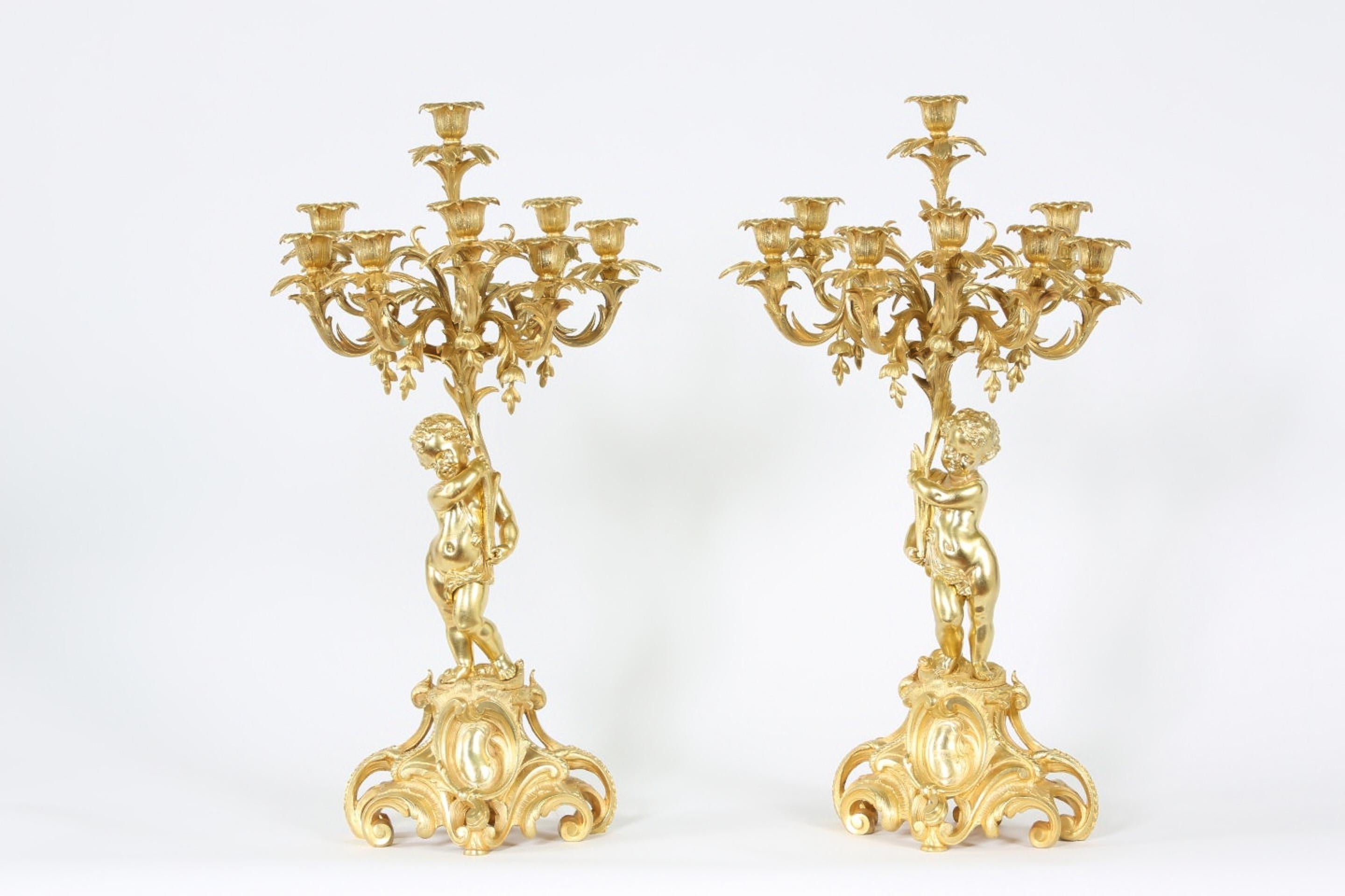 European Pair Eight Armed Gilt Bronze Candelabras