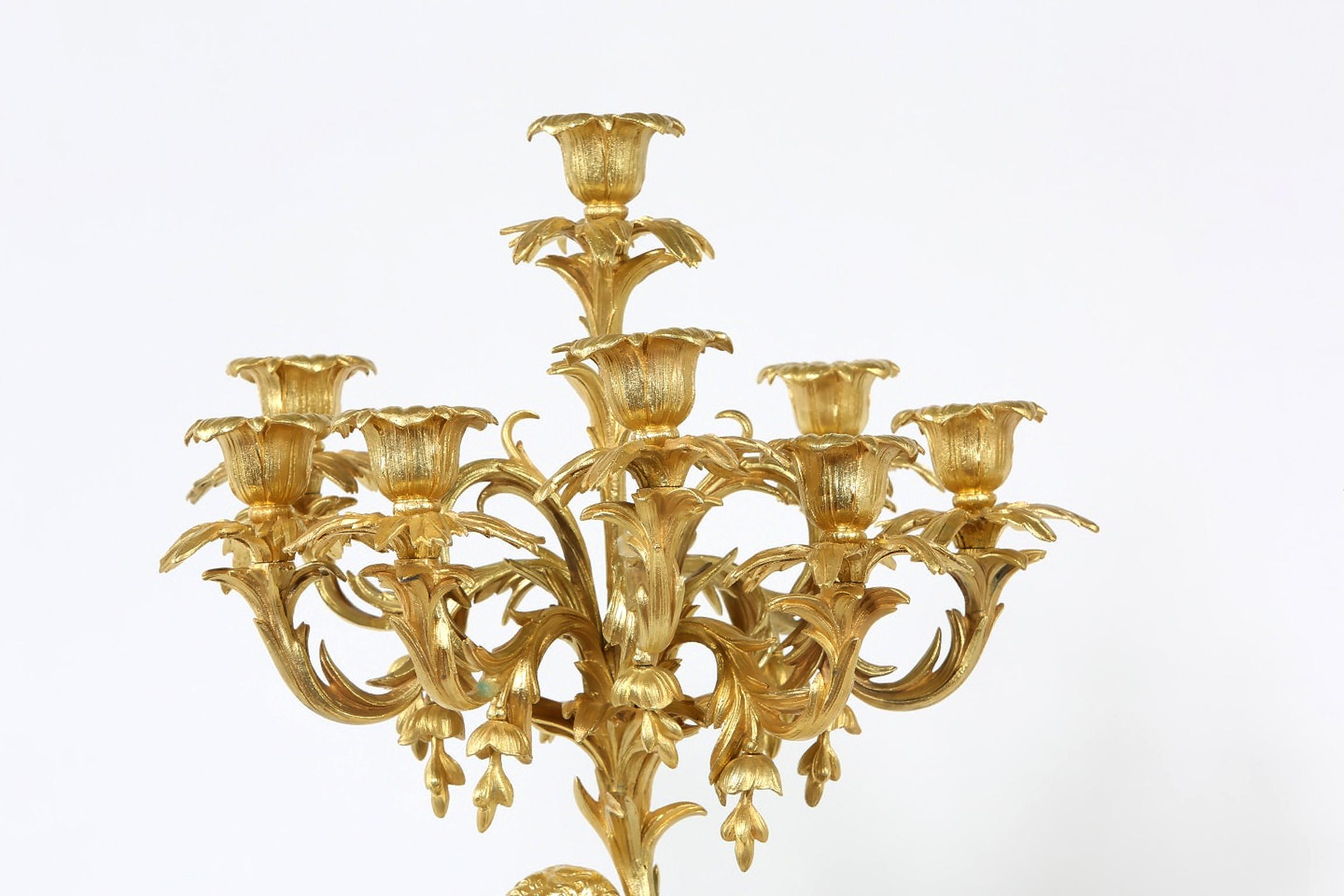 Pair Eight Armed Gilt Bronze Candelabras In Good Condition In Tarry Town, NY