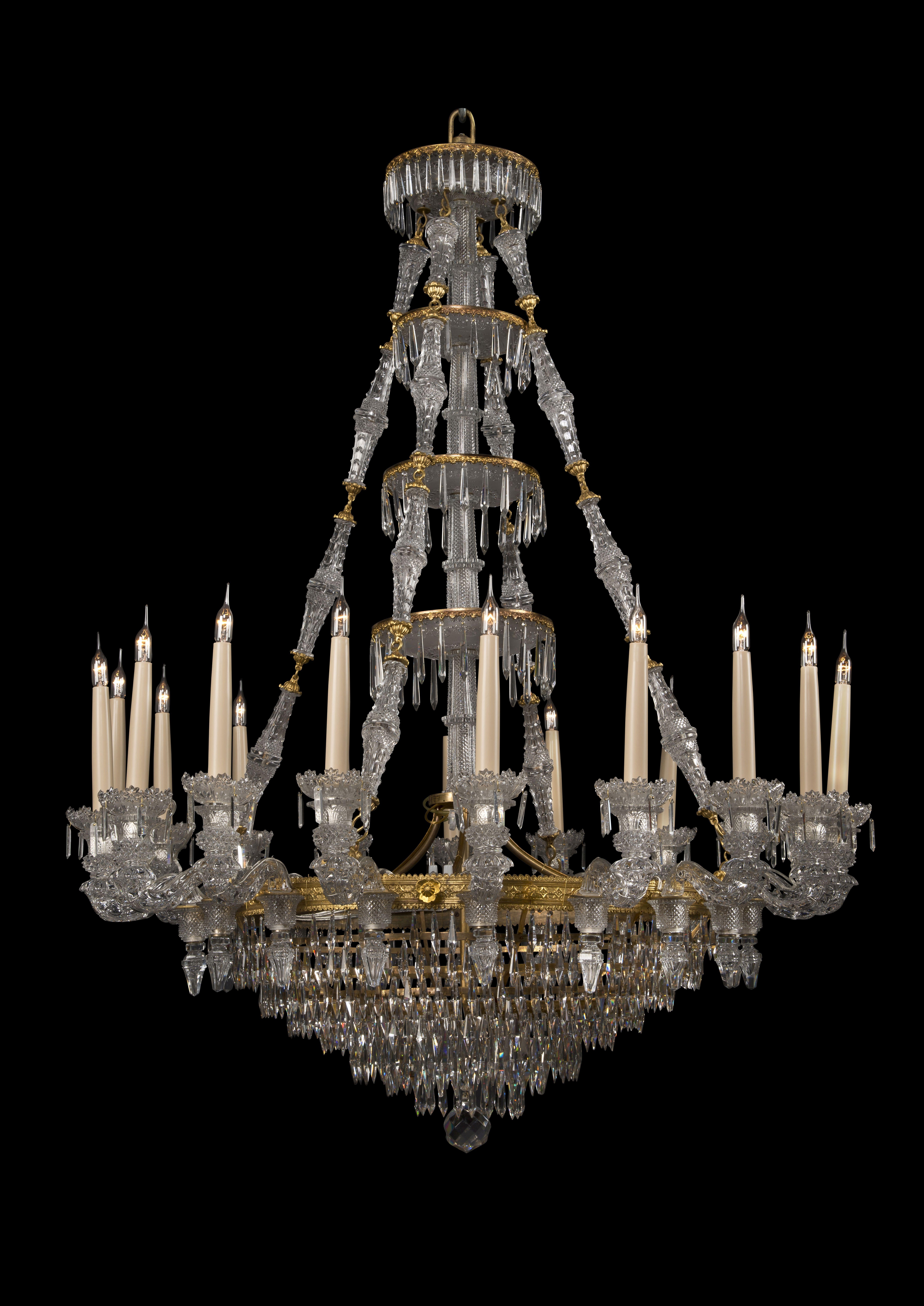 Louis XVI Pair of Eighteen-Light Engraved Glass Chandeliers by Baccarat, circa 1860 For Sale
