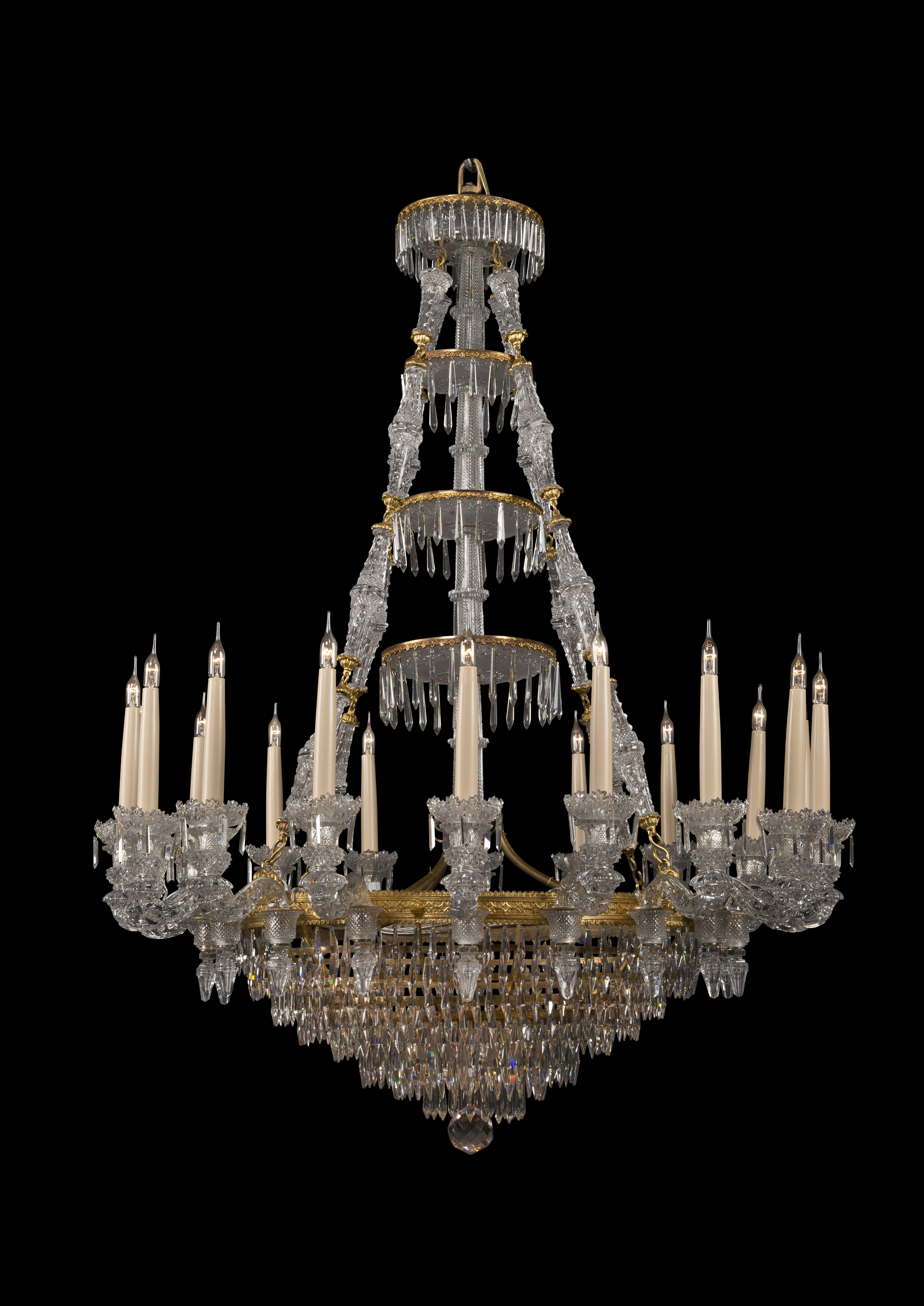 French Pair of Eighteen-Light Engraved Glass Chandeliers by Baccarat, circa 1860 For Sale