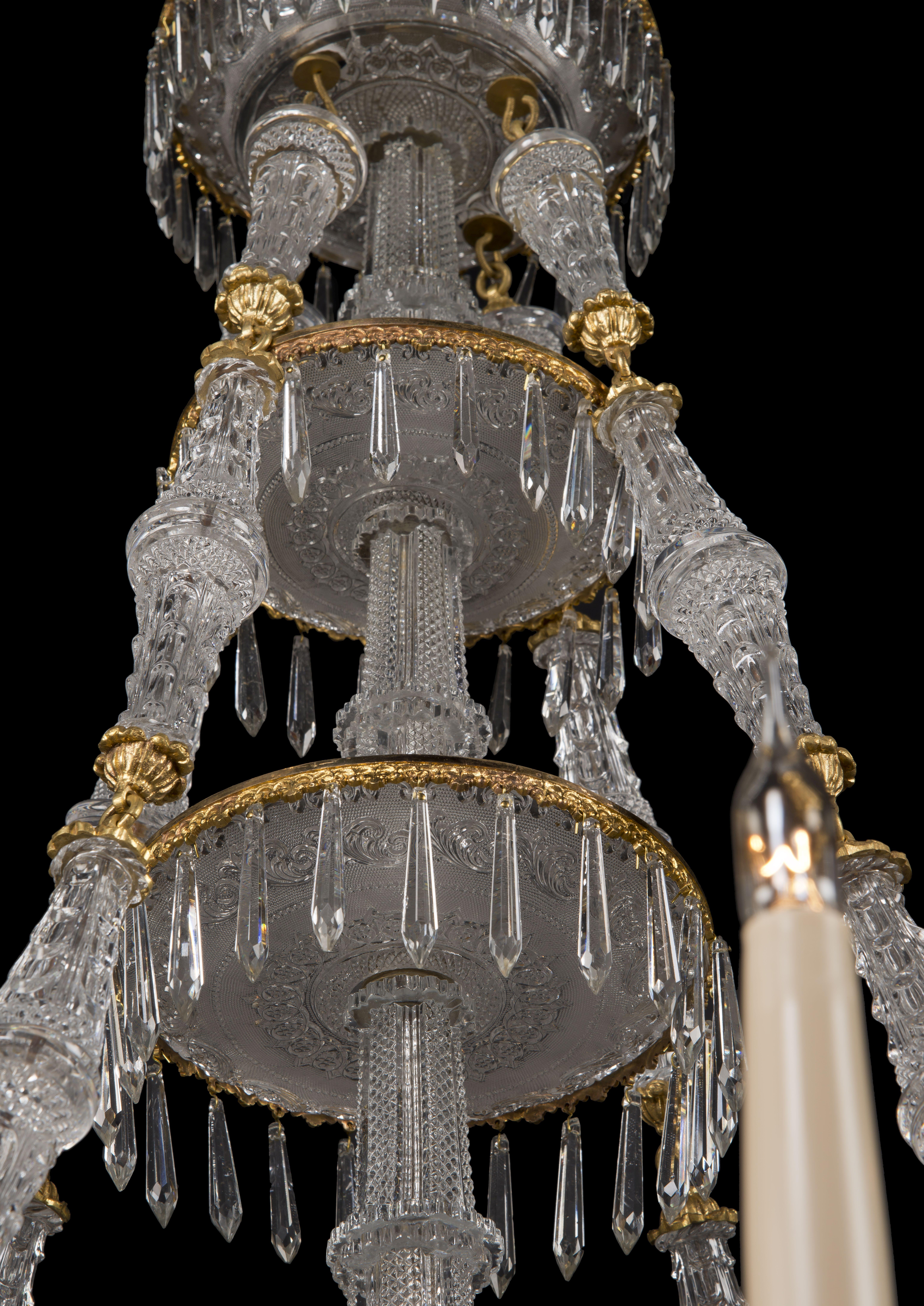 Gilt Pair of Eighteen-Light Engraved Glass Chandeliers by Baccarat, circa 1860 For Sale