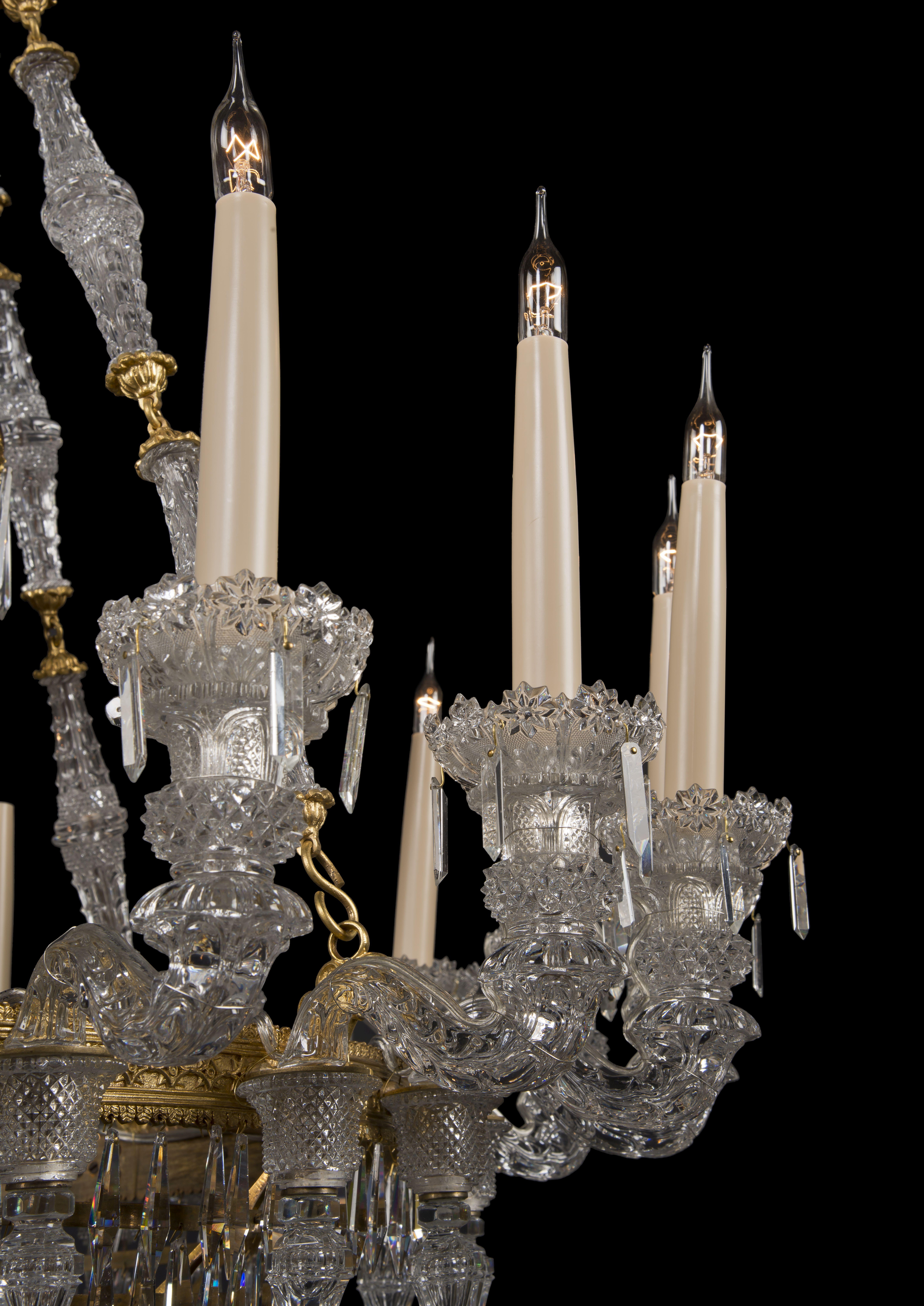 Pair of Eighteen-Light Engraved Glass Chandeliers by Baccarat, circa 1860 In Good Condition For Sale In Brighton, West Sussex