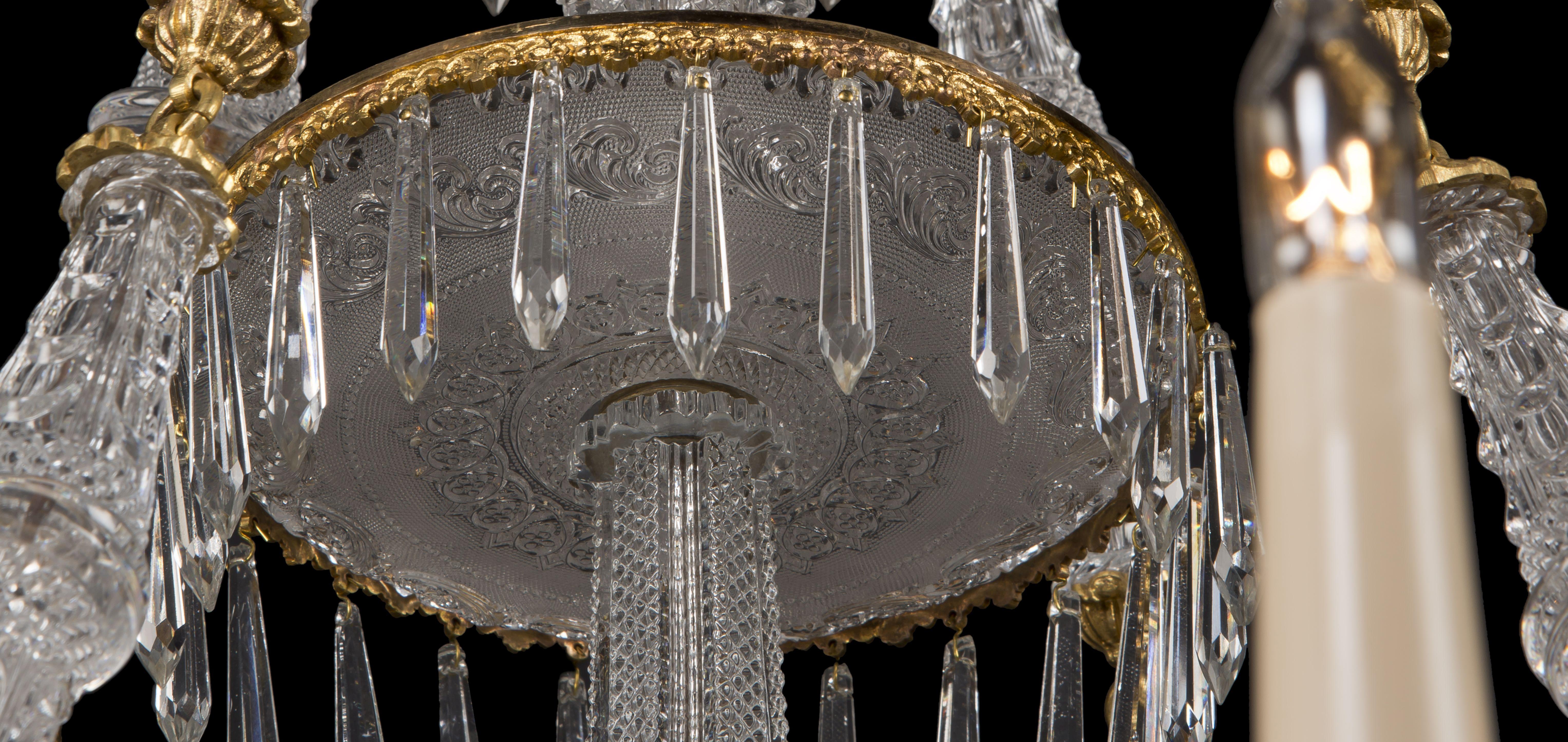Bronze Pair of Eighteen-Light Engraved Glass Chandeliers by Baccarat, circa 1860 For Sale