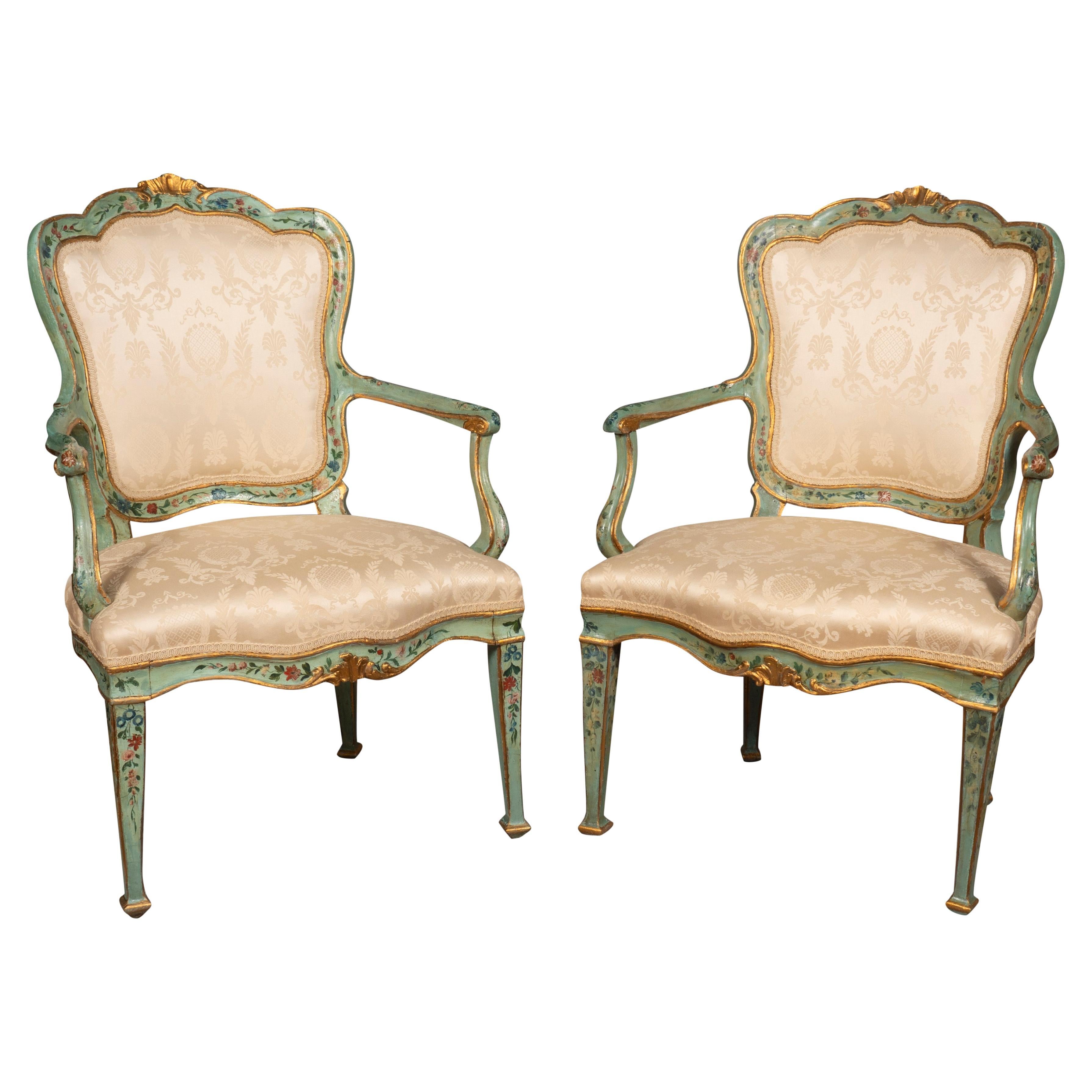 Pair Of Eighteenth Century Venetian Painted Armchairs For Sale