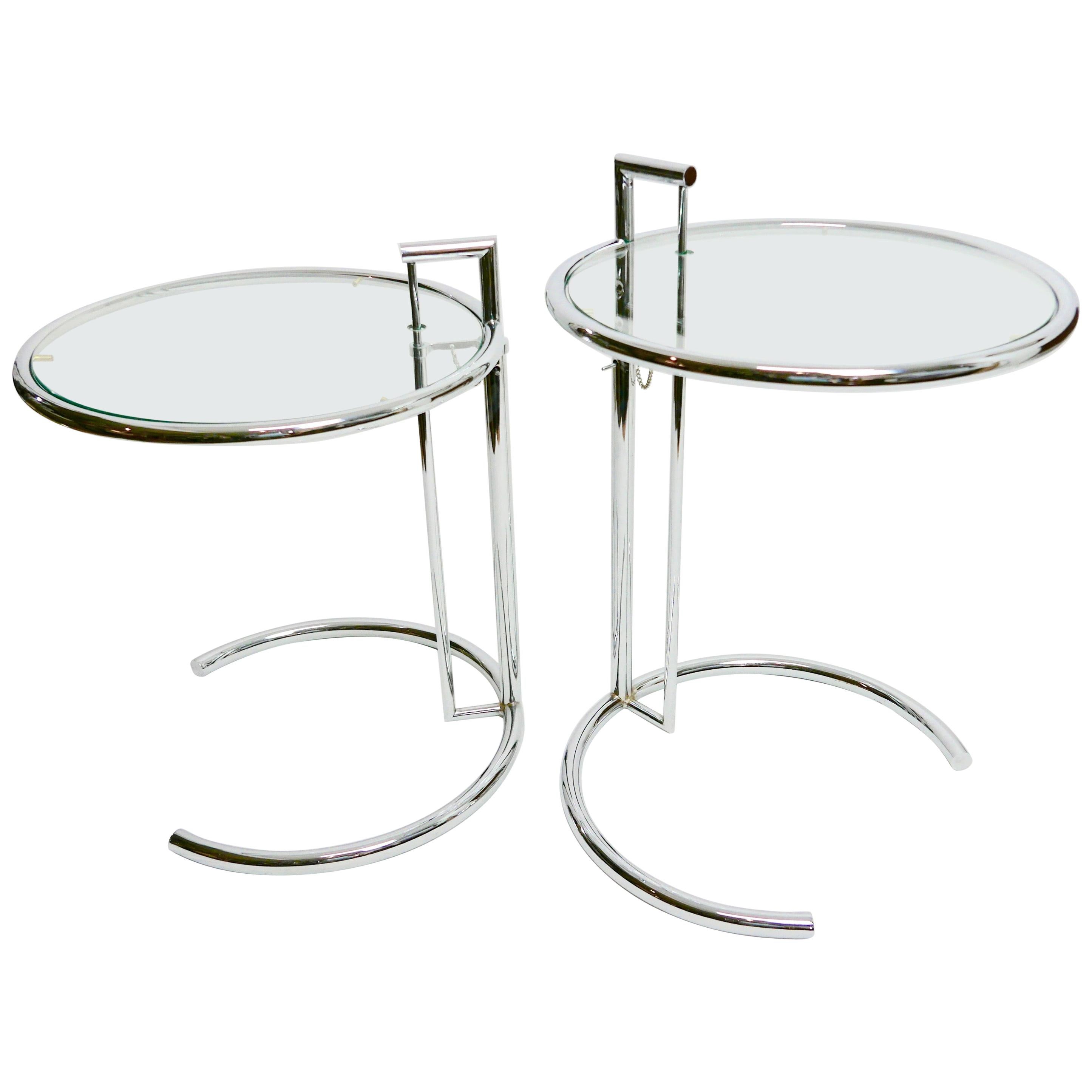 Pair of Eileen Gray Style Adjustable Chrome Metal and Glass Side Tables
