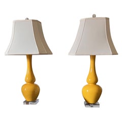 Pair of Eileen Kathryn Boyd for Mottega Yellow Double Gourd Lamps with Shades