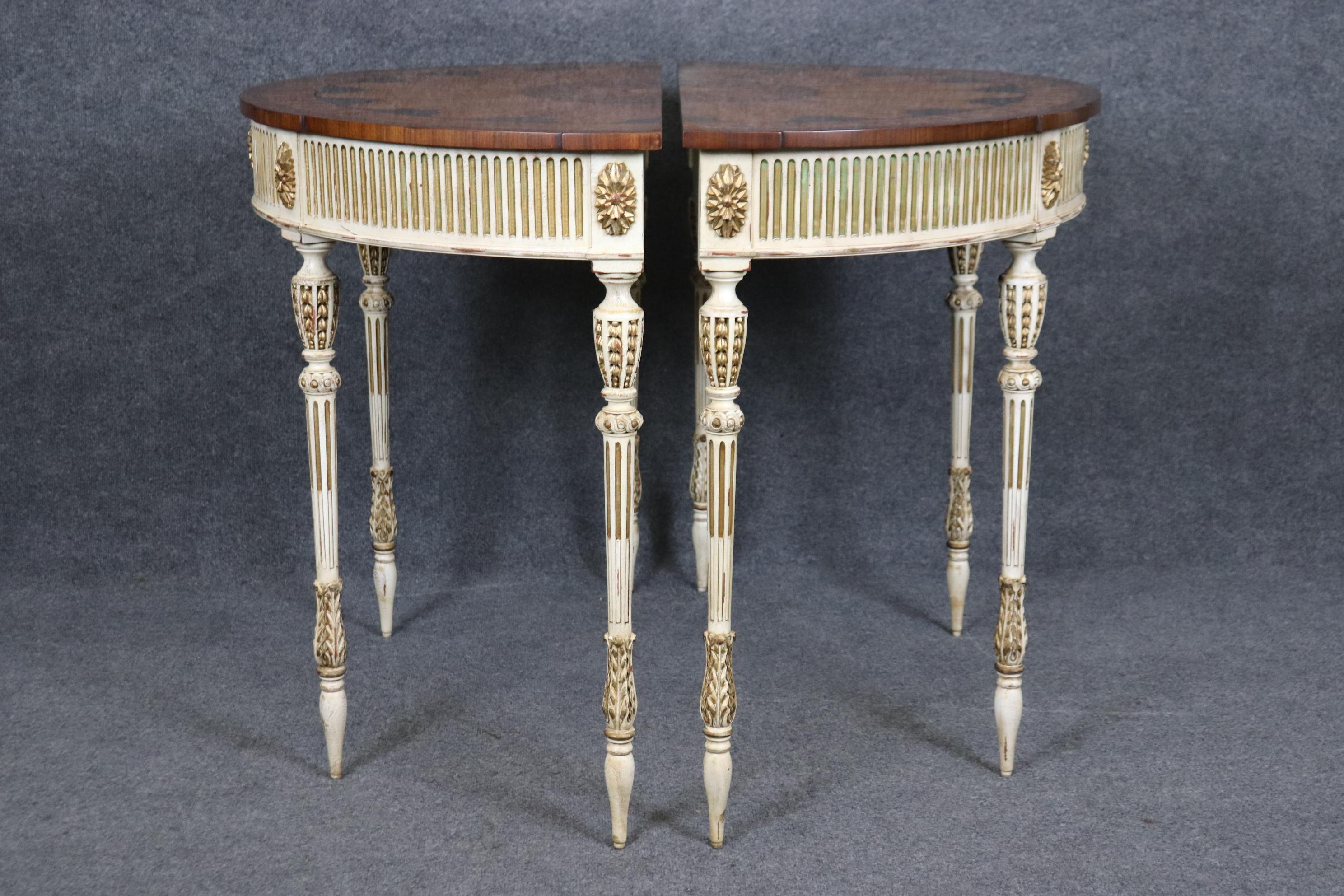 Walnut Pair of E.J. Victor Paint Decorated Inlaid Adams Paint Decorated Console Tables For Sale