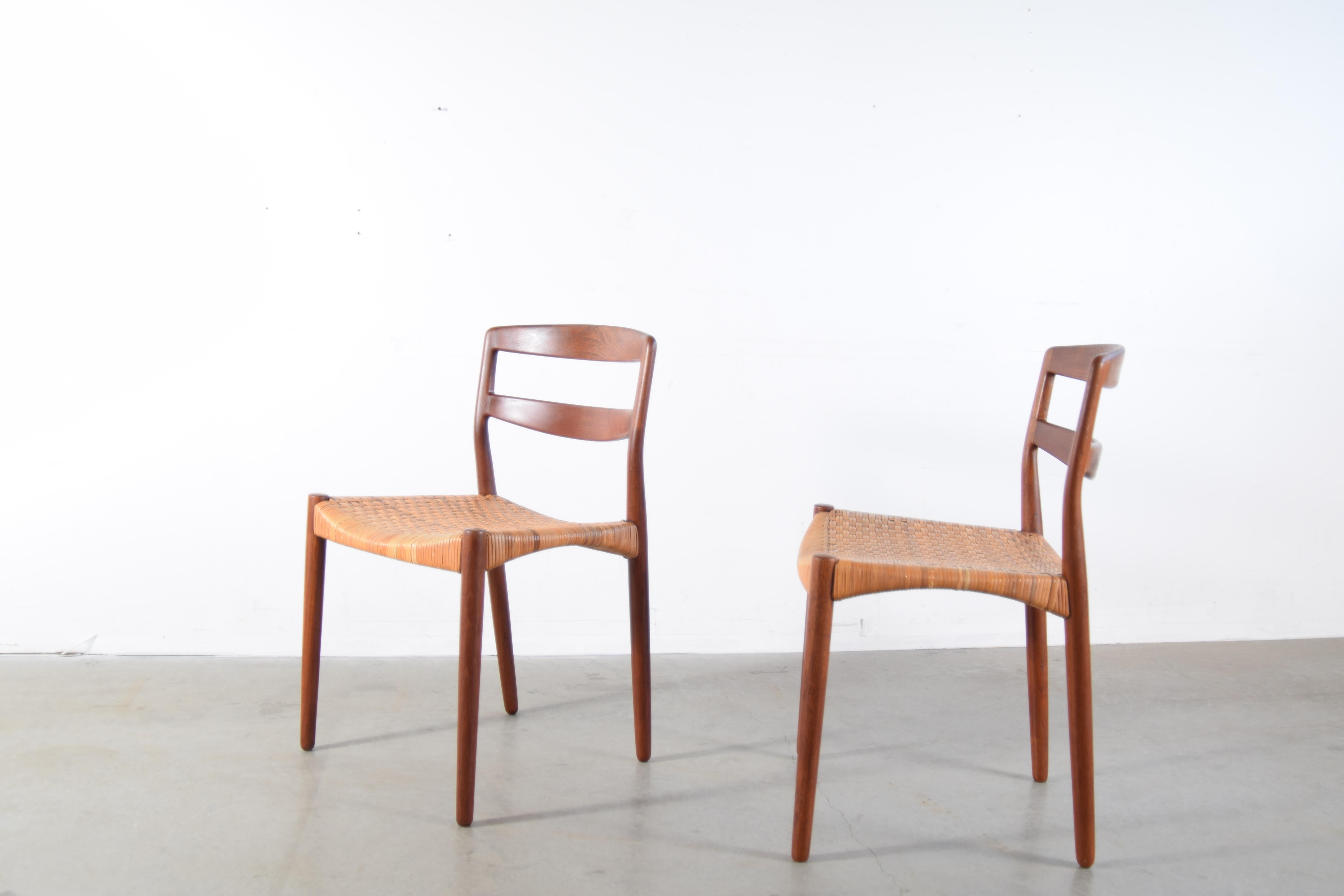 Pair of Ejner Larsen and Aksel Bender Madsen Teak and Cane Chairs In Good Condition For Sale In Providence, RI