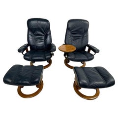 Used Navy Ekornes Stressless Recliner Chair Set + Ottomans + Swivel Table NORWAY