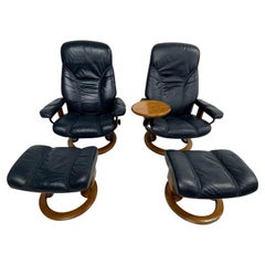 Retro Navy Ekornes Stressless Recliner Chair Set + Ottomans + Swivel Table NORWAY