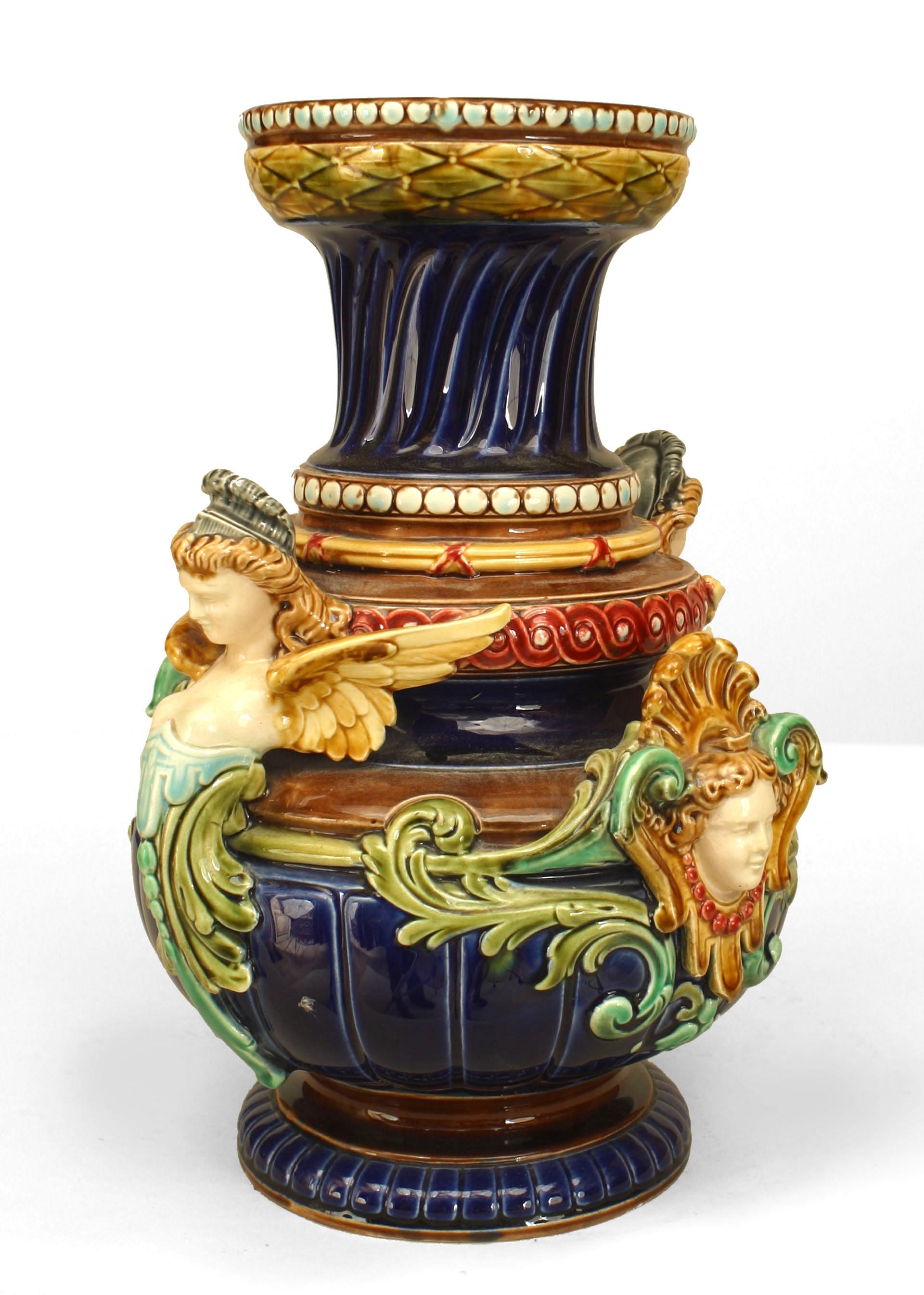 Italian Pair Of Elaborate 19th c. Sarreguemine Majolica Vases