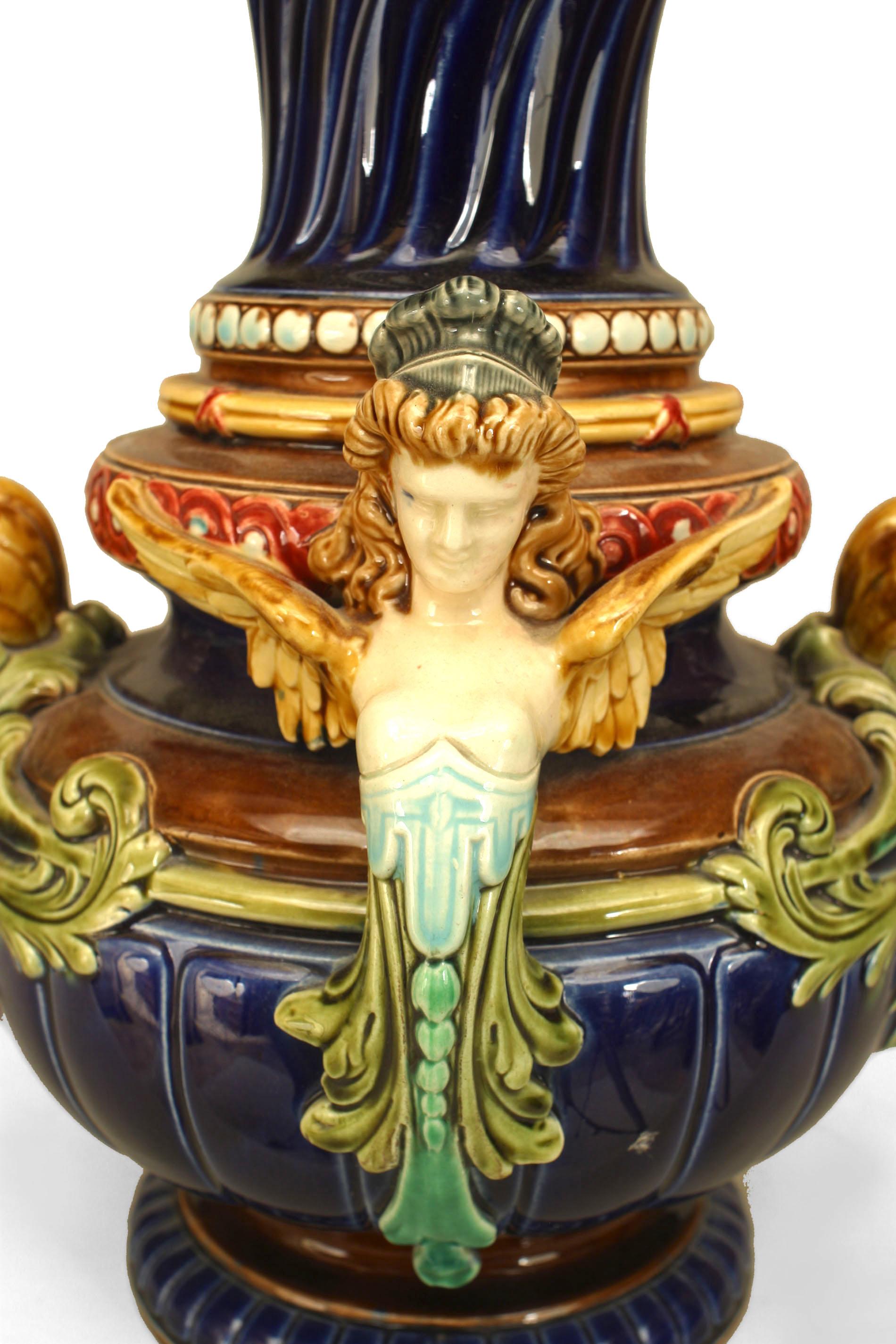 Glazed Pair Of Elaborate 19th c. Sarreguemine Majolica Vases