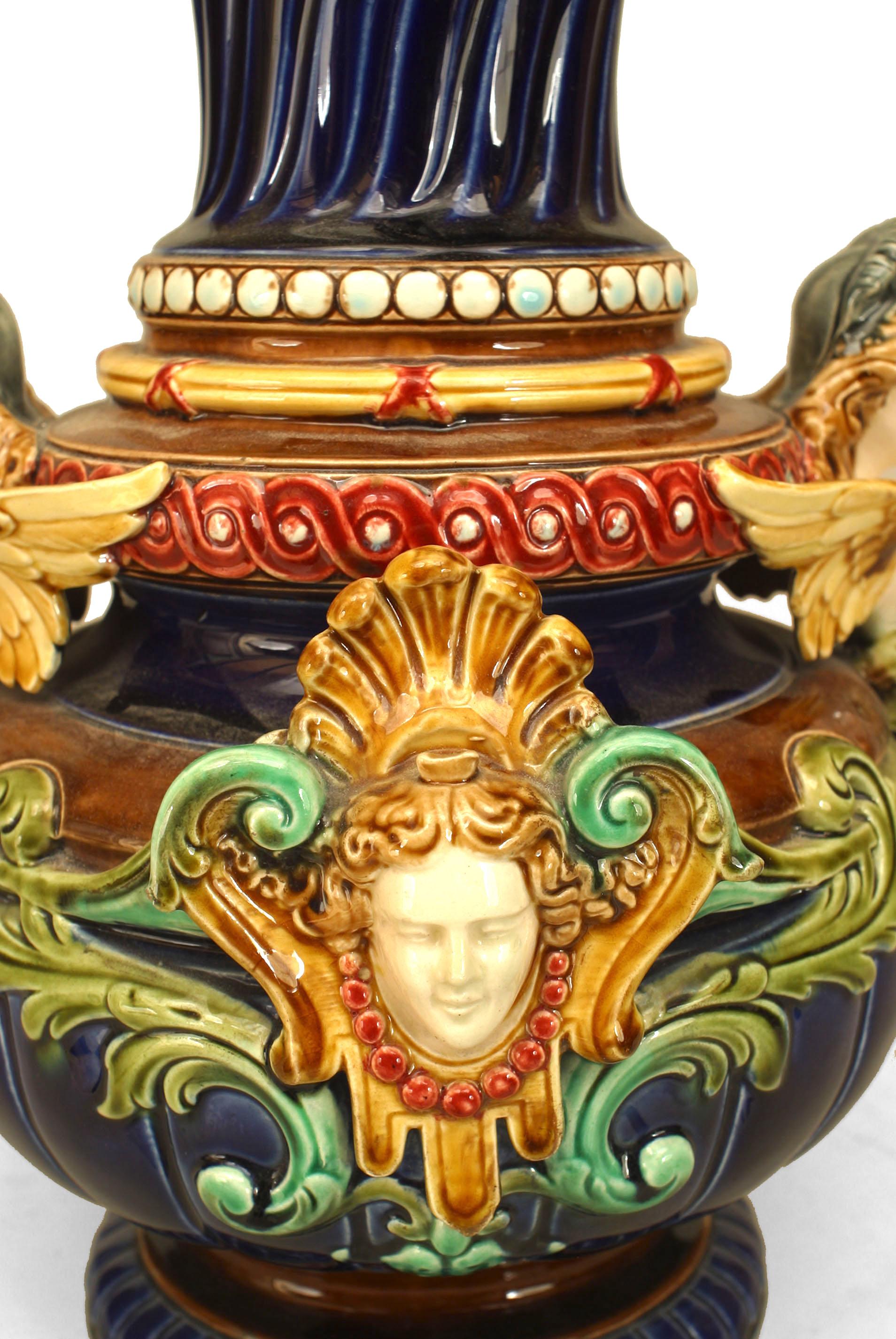 Pair Of Elaborate 19th c. Sarreguemine Majolica Vases In Good Condition In Queens, NY