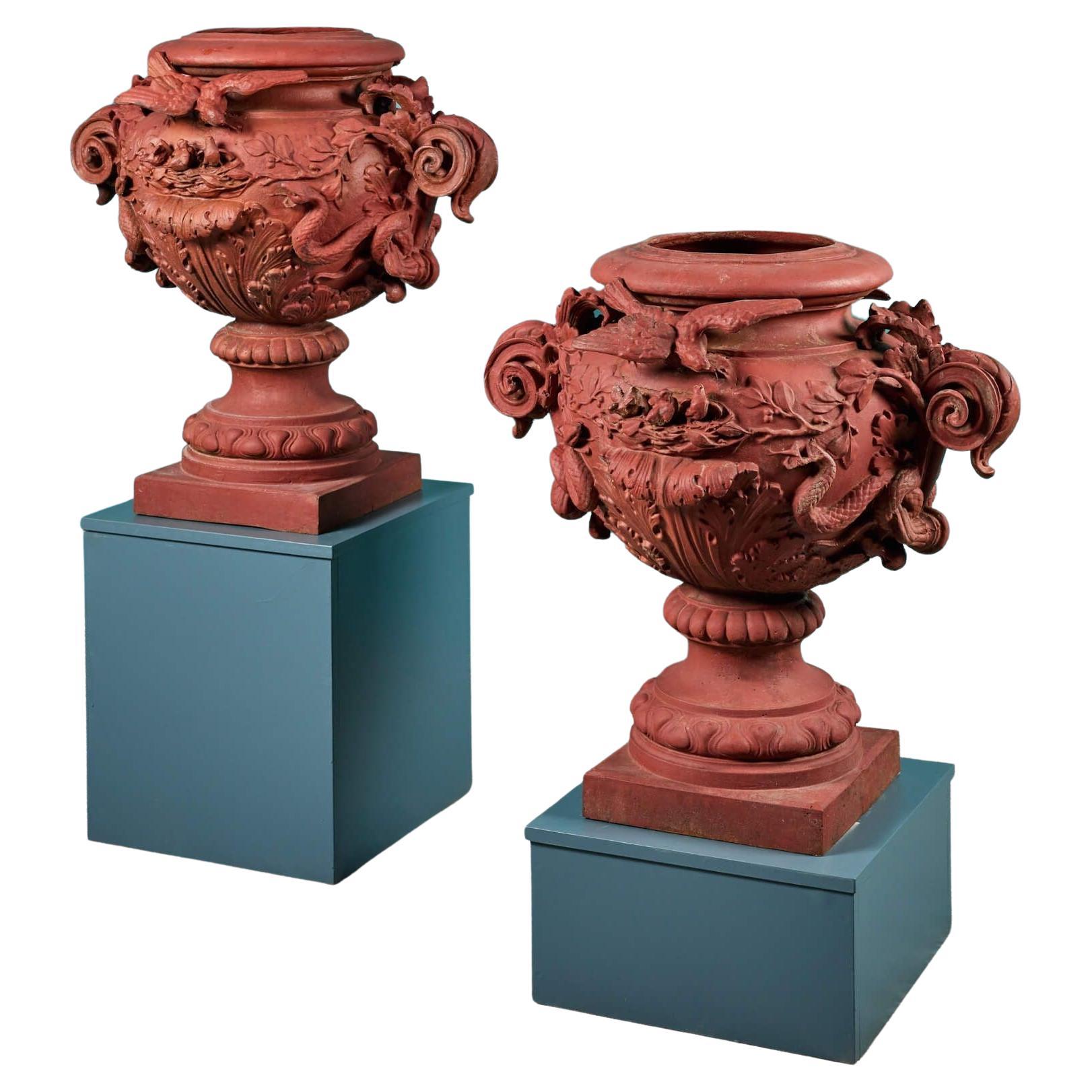 Pair of Elaborate Antique Cast Iron Urns For Sale