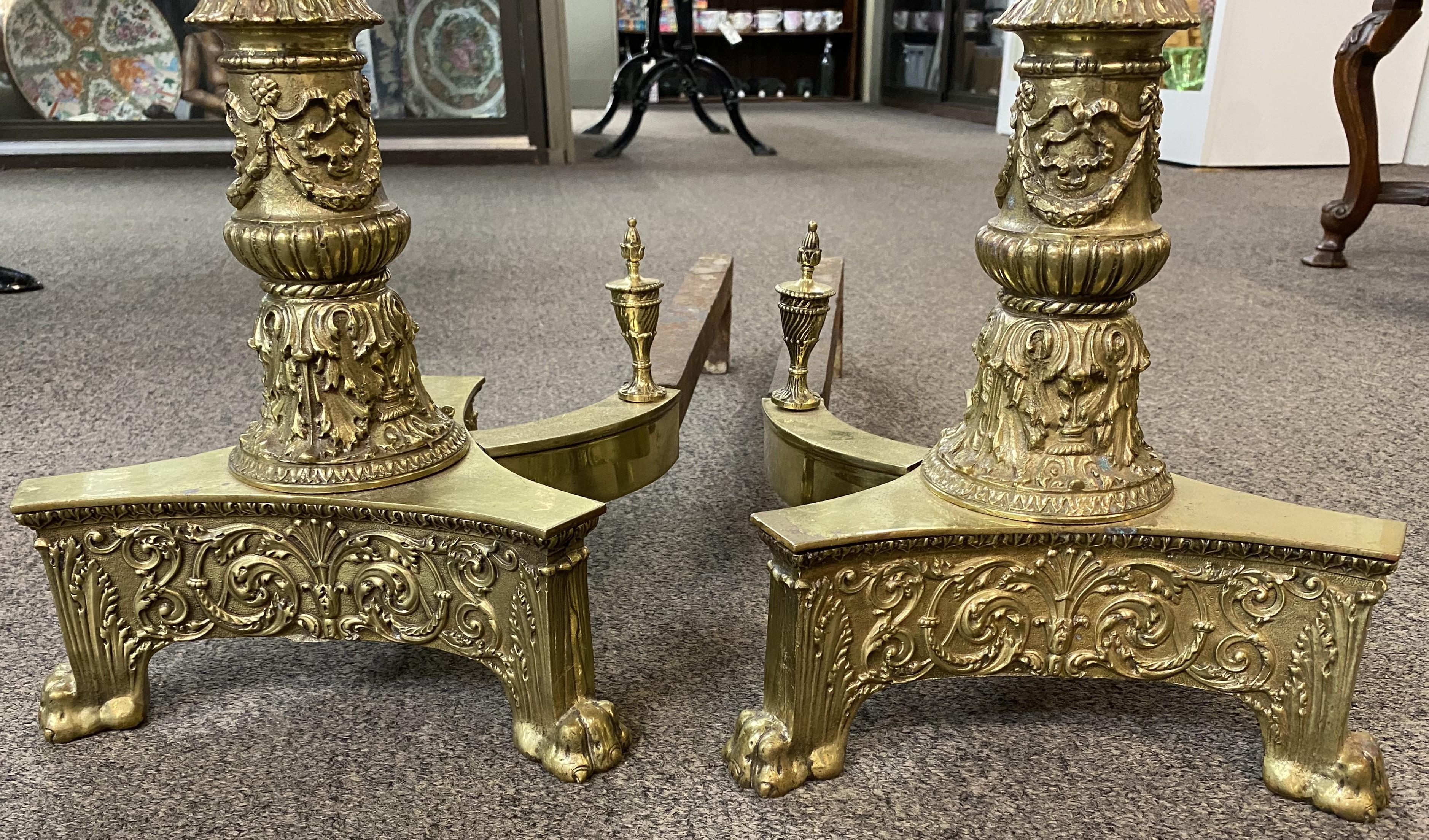 Pair of Elaborate Edwardian Column and Ball Brass Andirons For Sale 4