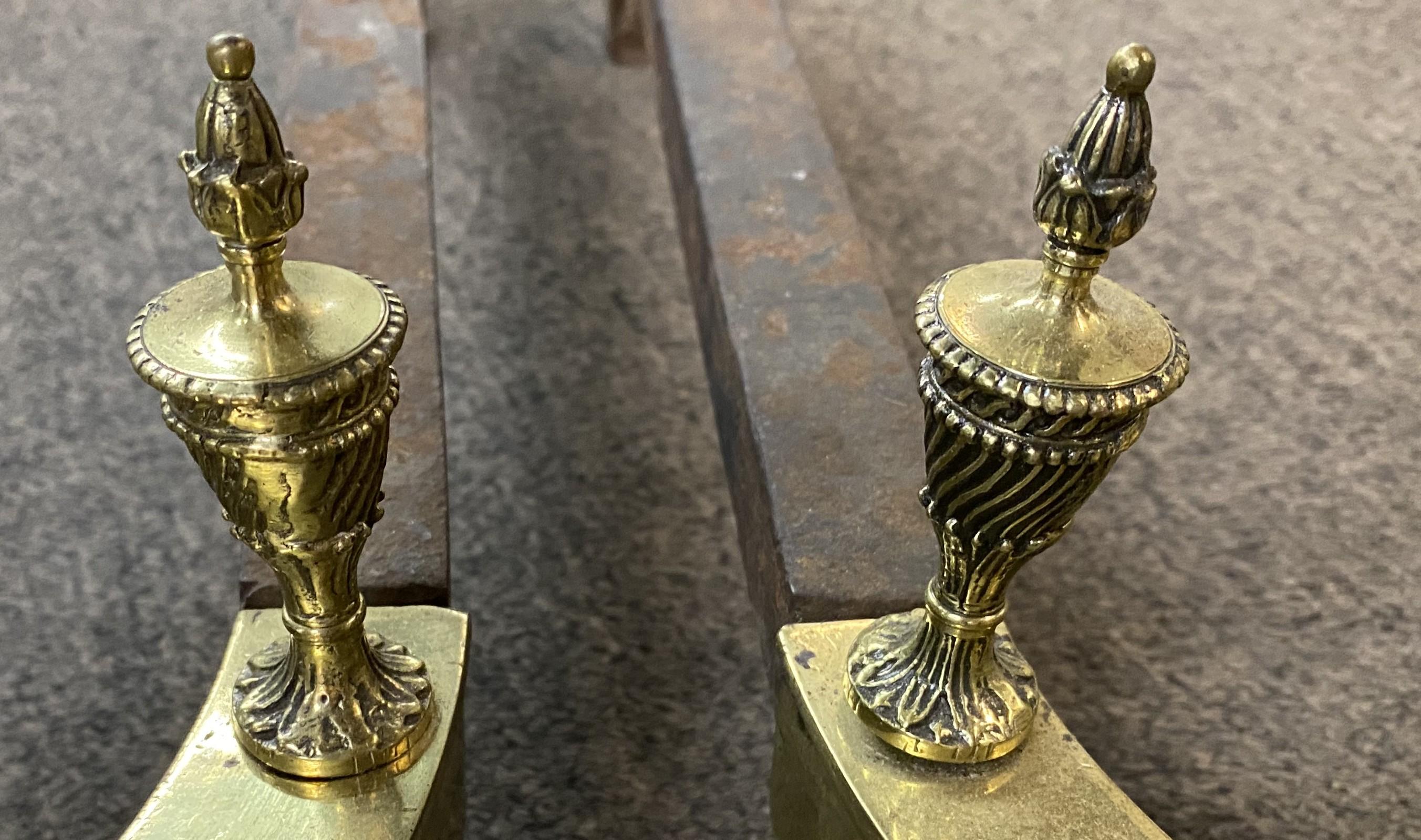 Pair of Elaborate Edwardian Column and Ball Brass Andirons For Sale 5
