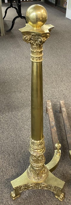 Pair of Elaborate Edwardian Column and Ball Brass Andirons