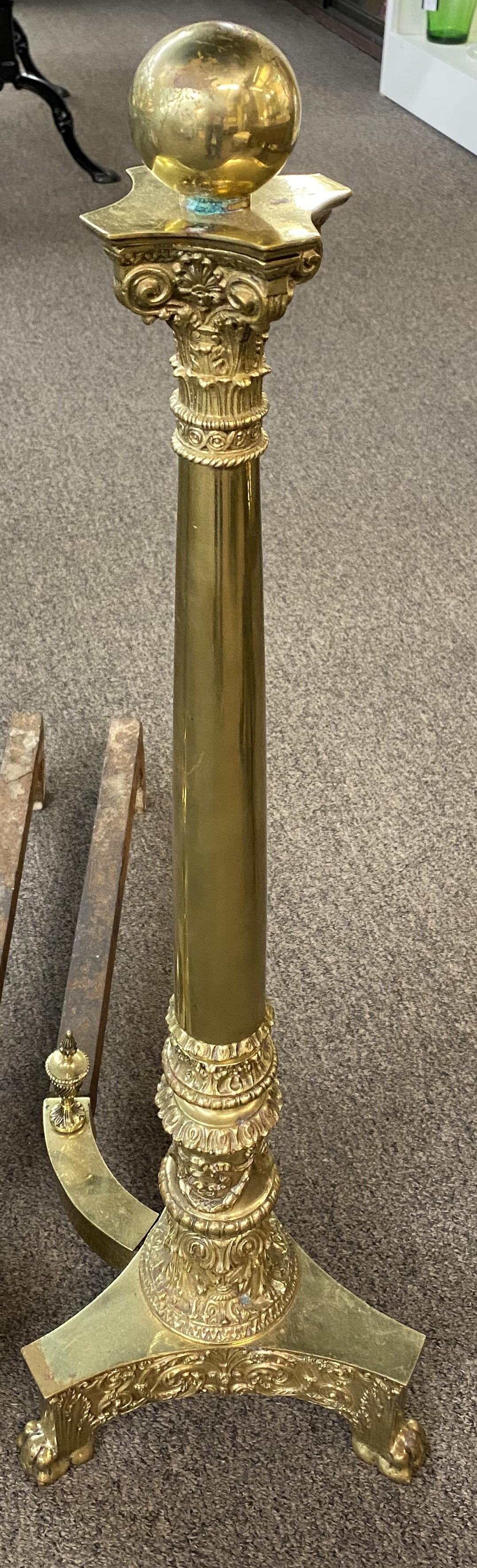 English Pair of Elaborate Edwardian Column and Ball Brass Andirons For Sale