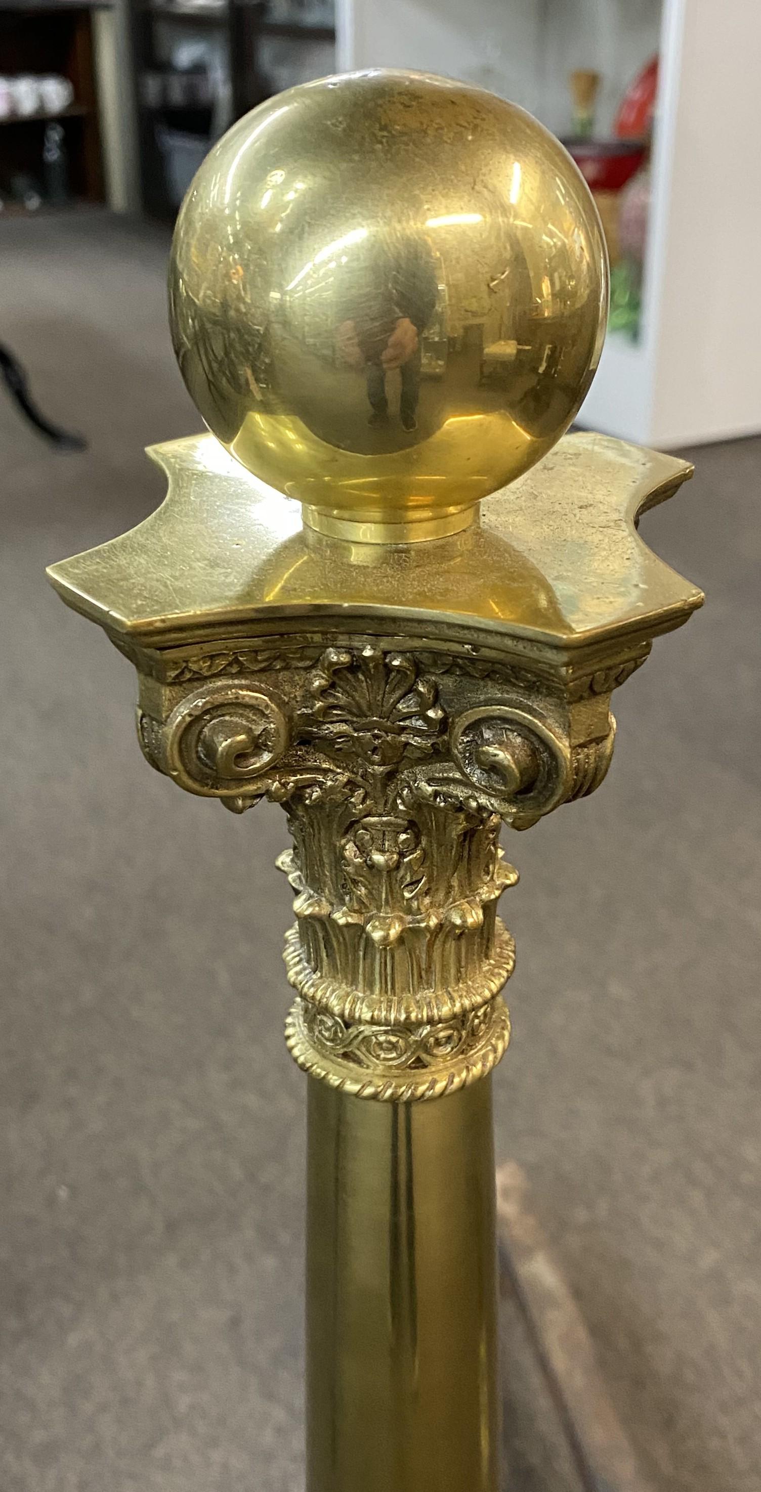 Cast Pair of Elaborate Edwardian Column and Ball Brass Andirons For Sale