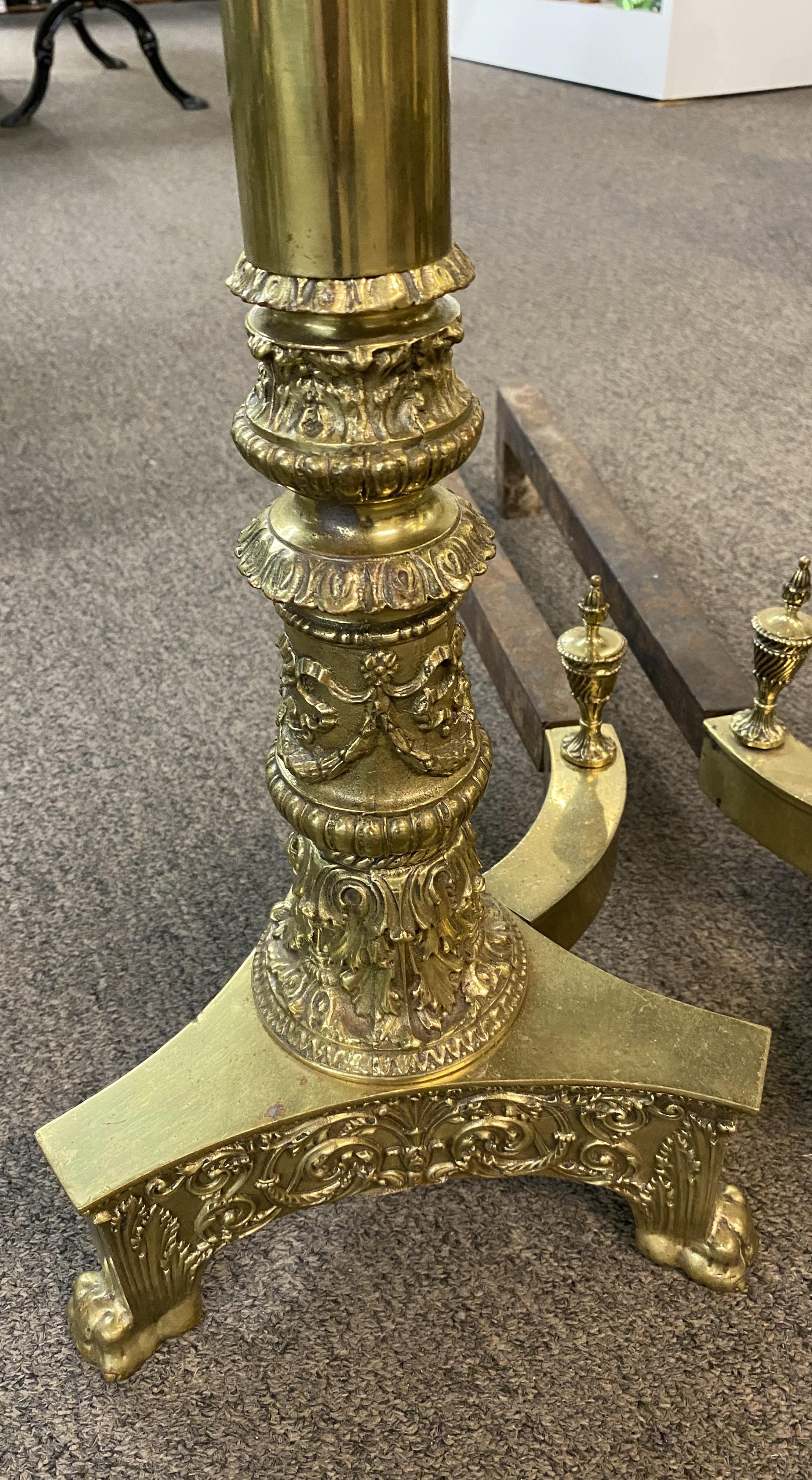 Pair of Elaborate Edwardian Column and Ball Brass Andirons In Good Condition For Sale In Milford, NH