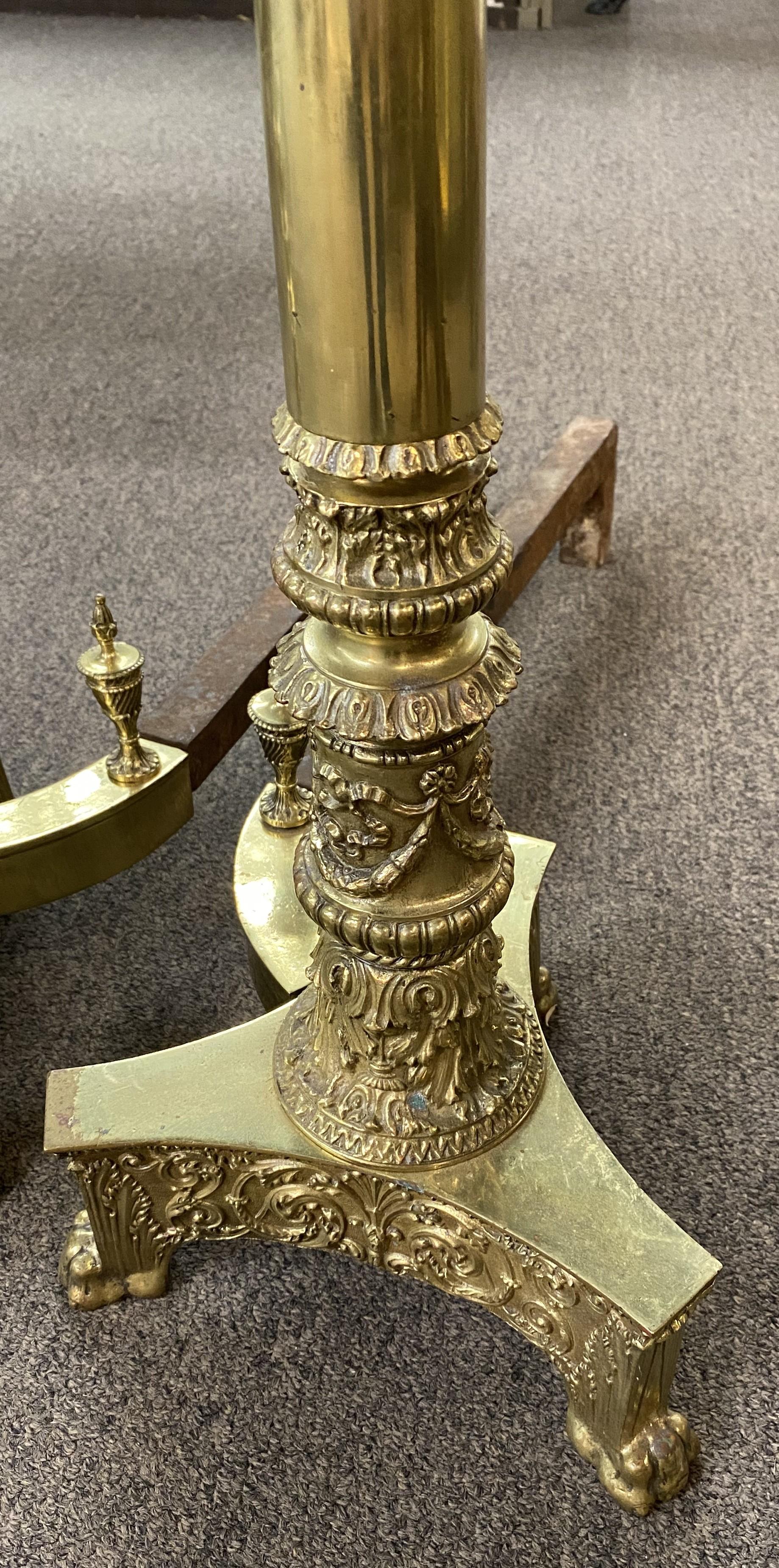 Pair of Elaborate Edwardian Column and Ball Brass Andirons For Sale 1