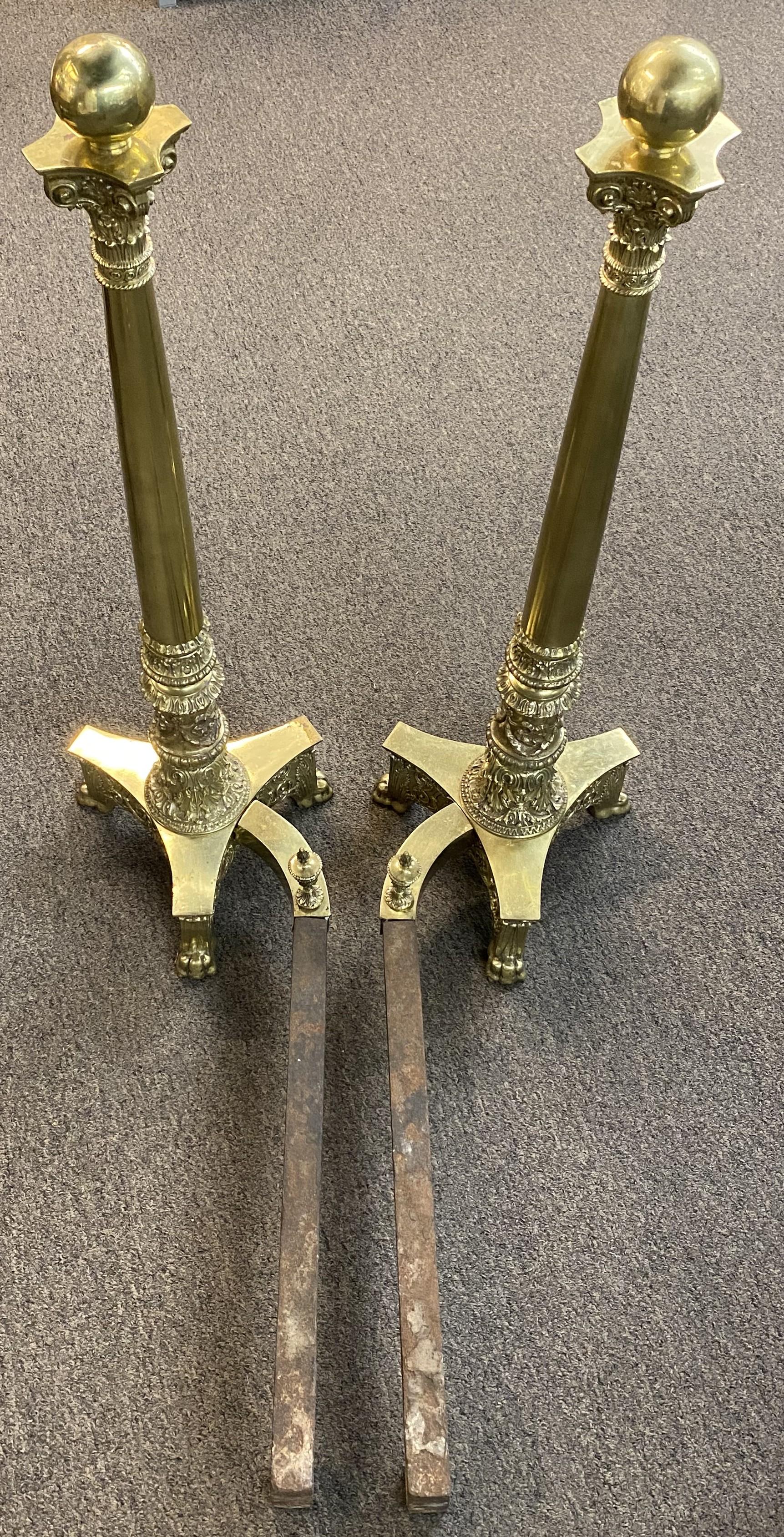 Pair of Elaborate Edwardian Column and Ball Brass Andirons For Sale 2